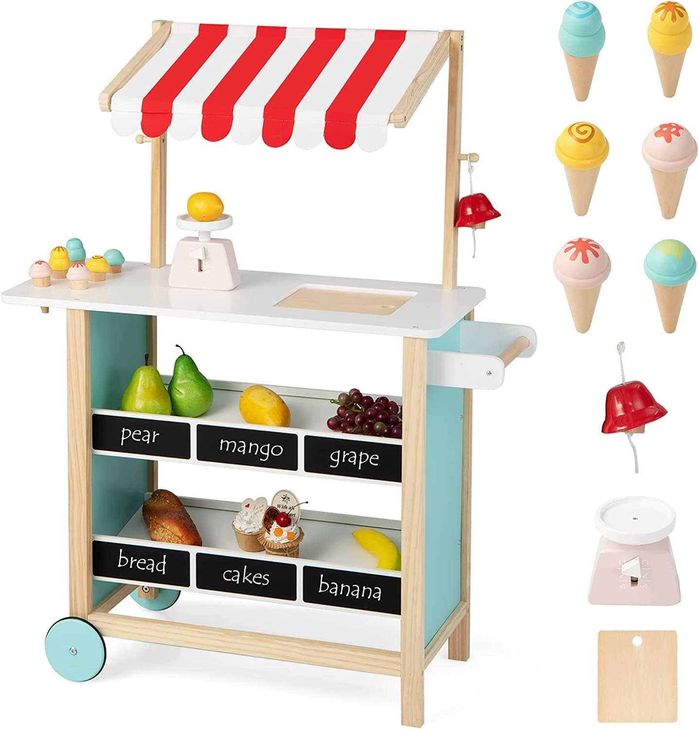 Kids Ice Cream Cart, Wooden Grocery Store Playset w/6 Pieces Play Food, Realistic Bell & Food Scale, Chalkboard, Pretend Play Dessert Shop Counter Stand Truck, Gift for Boys Girls