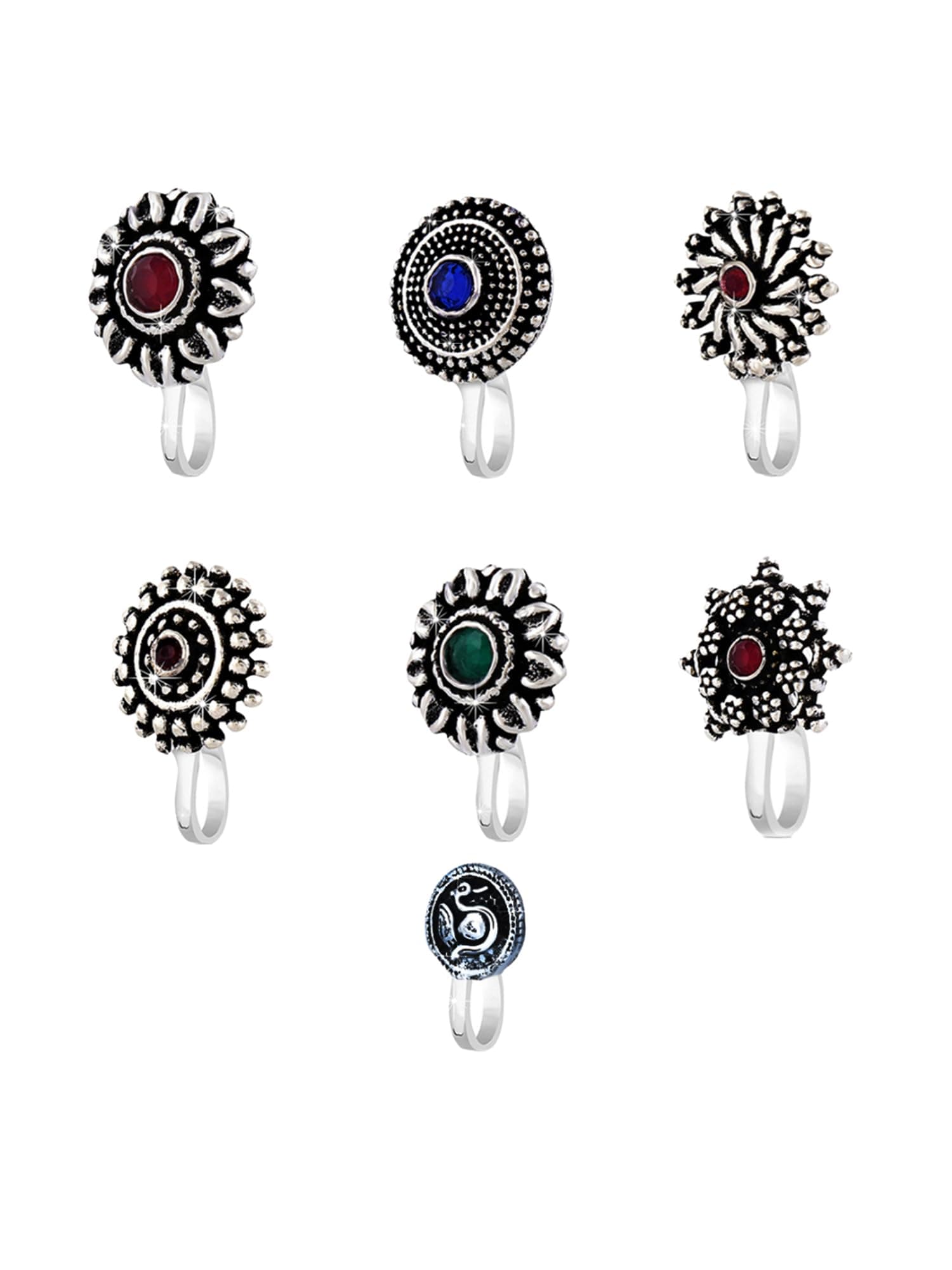 Nose Pin for Women and Girls | Traditional Silver Oxidised Nose Pin Without Piercing | German Silver Nose Pin Set | Floral Shaped Nosepin Combo | Accessories Jewellery for Women | Birthday Gift for Girls and Women Anniversary Gift for Wife