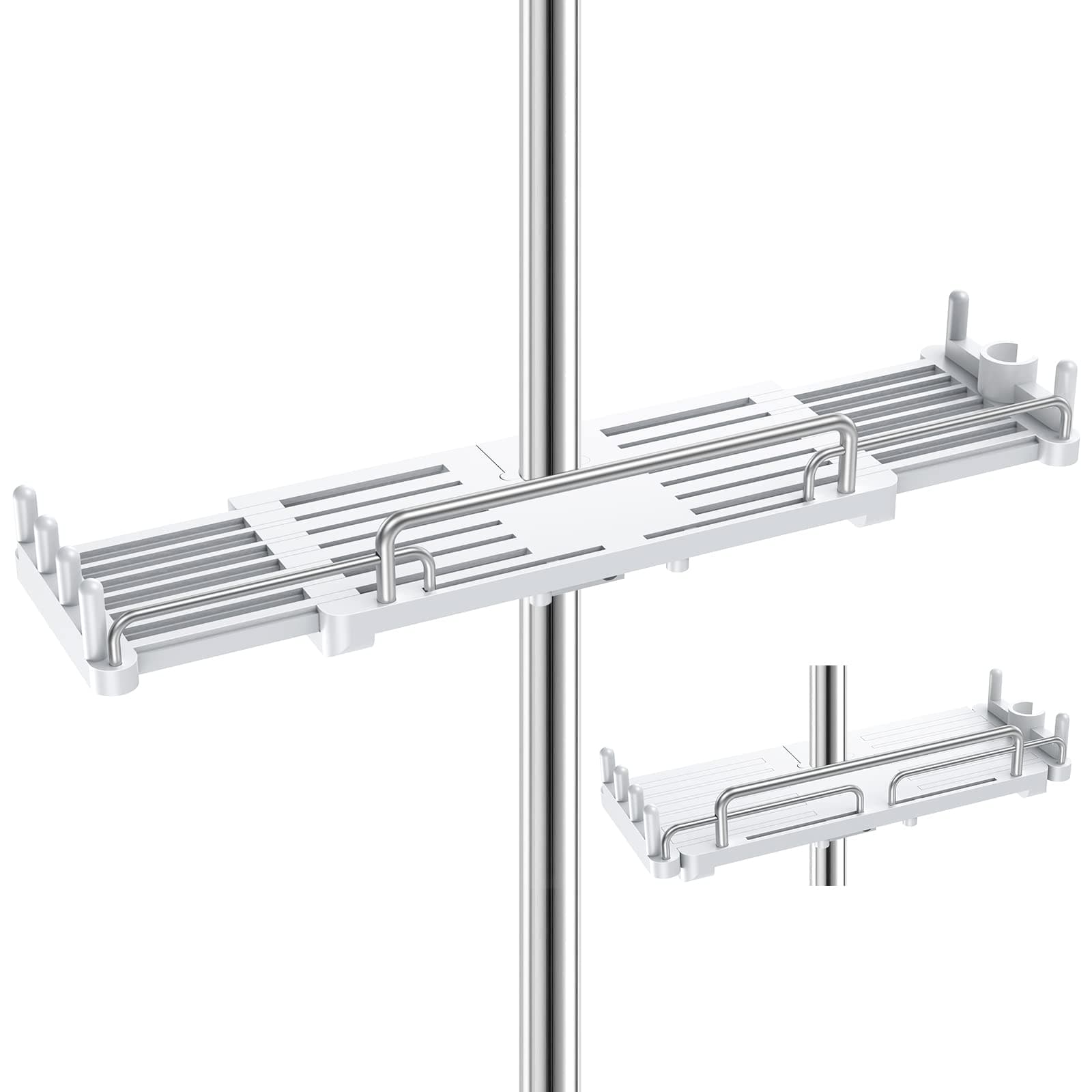 Shower Shelf Hanging, Shower Caddy No Drill Shower Rail Shelf Shower Holders Double Storage for Soap Shampoo Suit 18mm-25mm Shower Rail Length Adjustable (28-44cm), White (TY-K01)