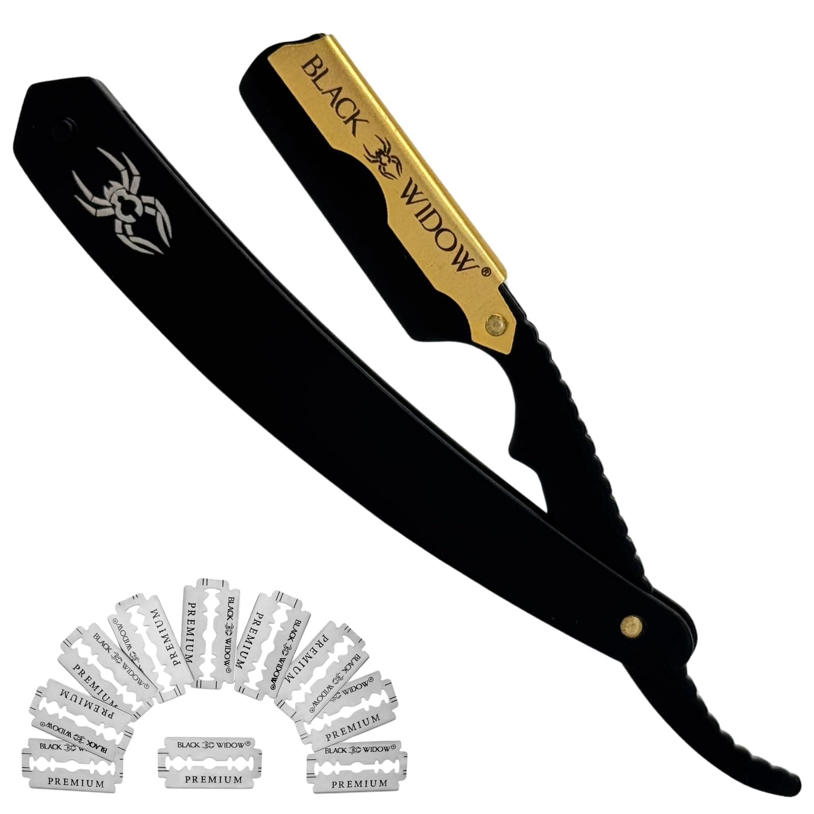 Black Widow Professional Straight Razor – Matte Black & 24K Gold plated finish Barber Razor for Men – Swing Lock Grip, Stainless Steel Shavette for Barbers & Beginners pack of 10 blades