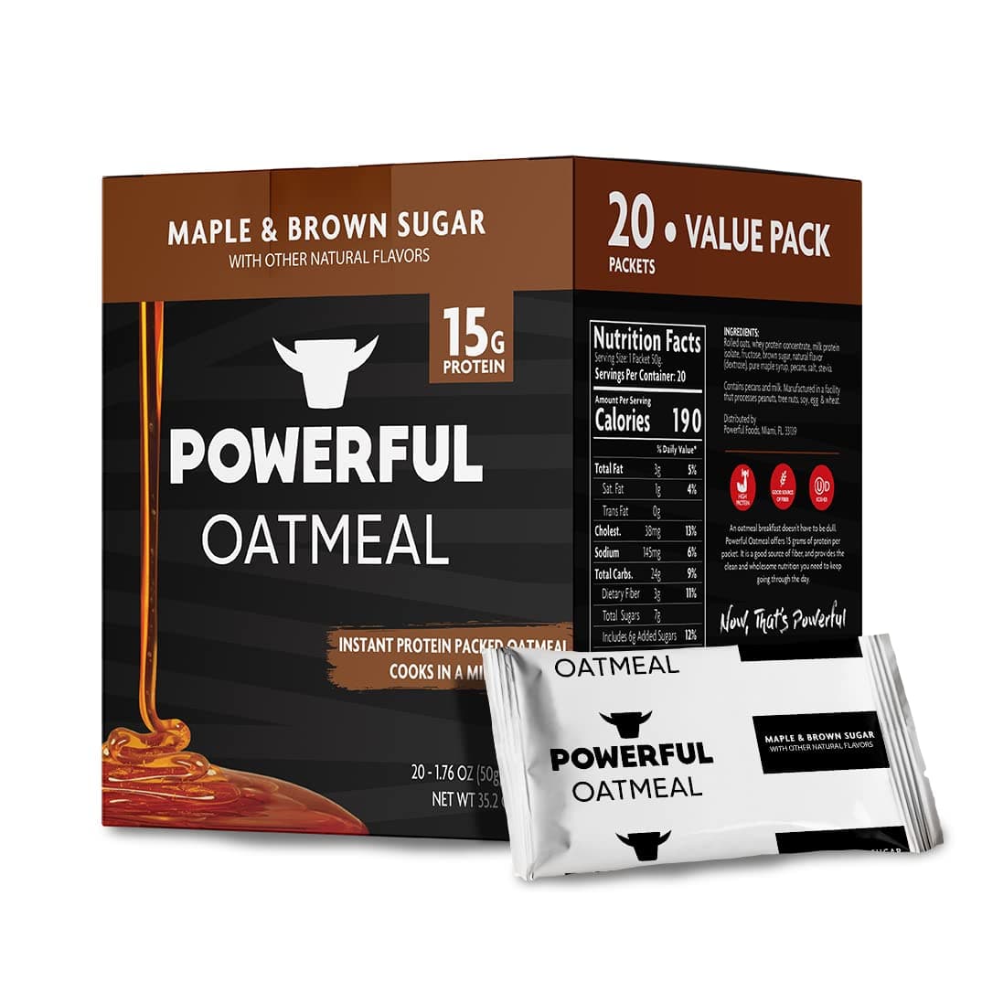 Powerful Nutrition Instant Protein Oatmeal Packets, Maple Brown Sugar, 20 Count, 15g of Protein, 3g of Fiber, Kosher, Natural Ingredients, Power Up Your Day with an Instant Breakfast
