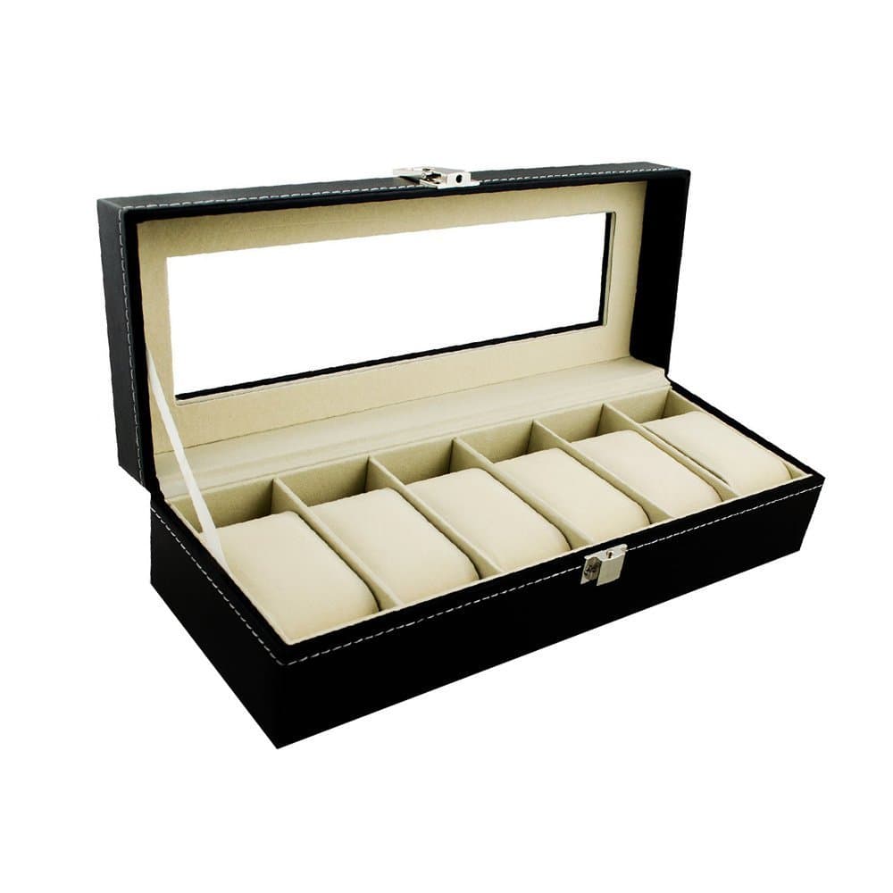 Naerde Faux Leather Watch Display Box Case for 6 Grids Watch Black