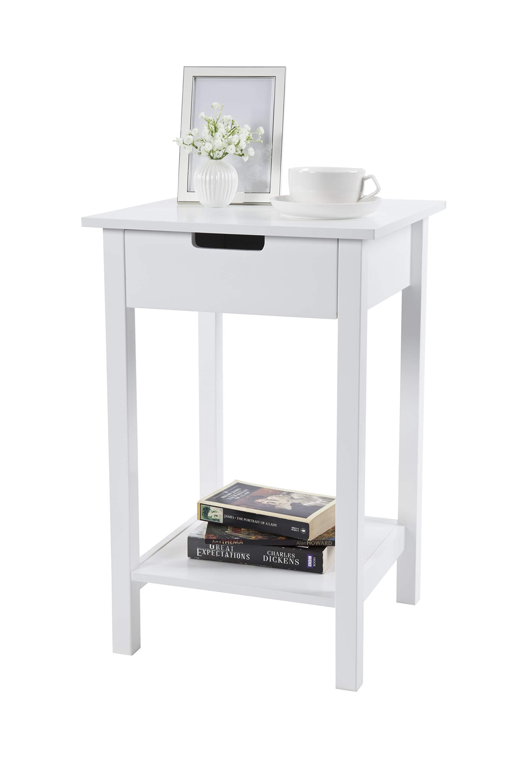 Elegant Brands White Square Wooden Bedside End Table, Contemporary Scandinavian Style with Shelf and Drawer for Storage 61H x 40D x 40W