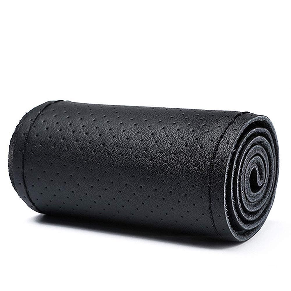 Genuine Leather Steering Wheel Cover DIY Hand Sewing Full Size Support 36/38/40/42/45/47/50cm (14.2/15/15.7/16.5/17.7/18.5/19.7 inch) (B - Black, 38cm)