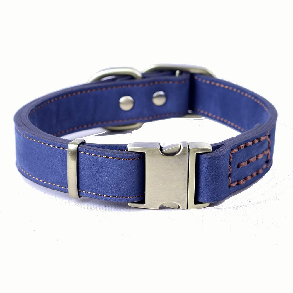 CHEDE Luxury Real Leather Dog Collar - Handmade, Hand-Stitched Genuine Leather, Blue, 13.5 to 19.2 Inches, Medium and Large Dog Breeds