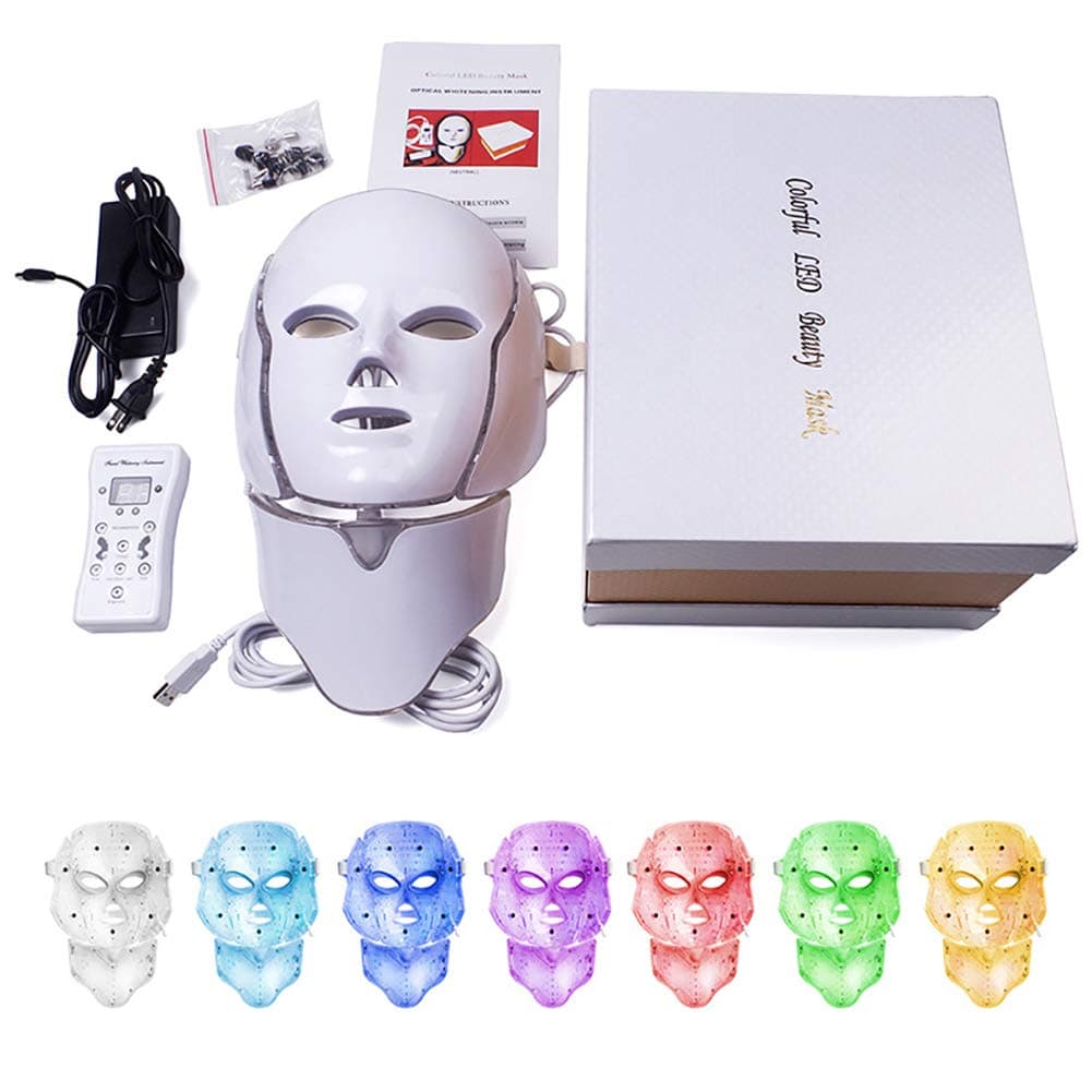 Light Therapy Acne Mask, Led Light Therapy 7 Color Facial Skin Care Mask, Face Beauty Skin Care Phototherapy Mask Complete Set with Neck, Tightening And Smoother Skin