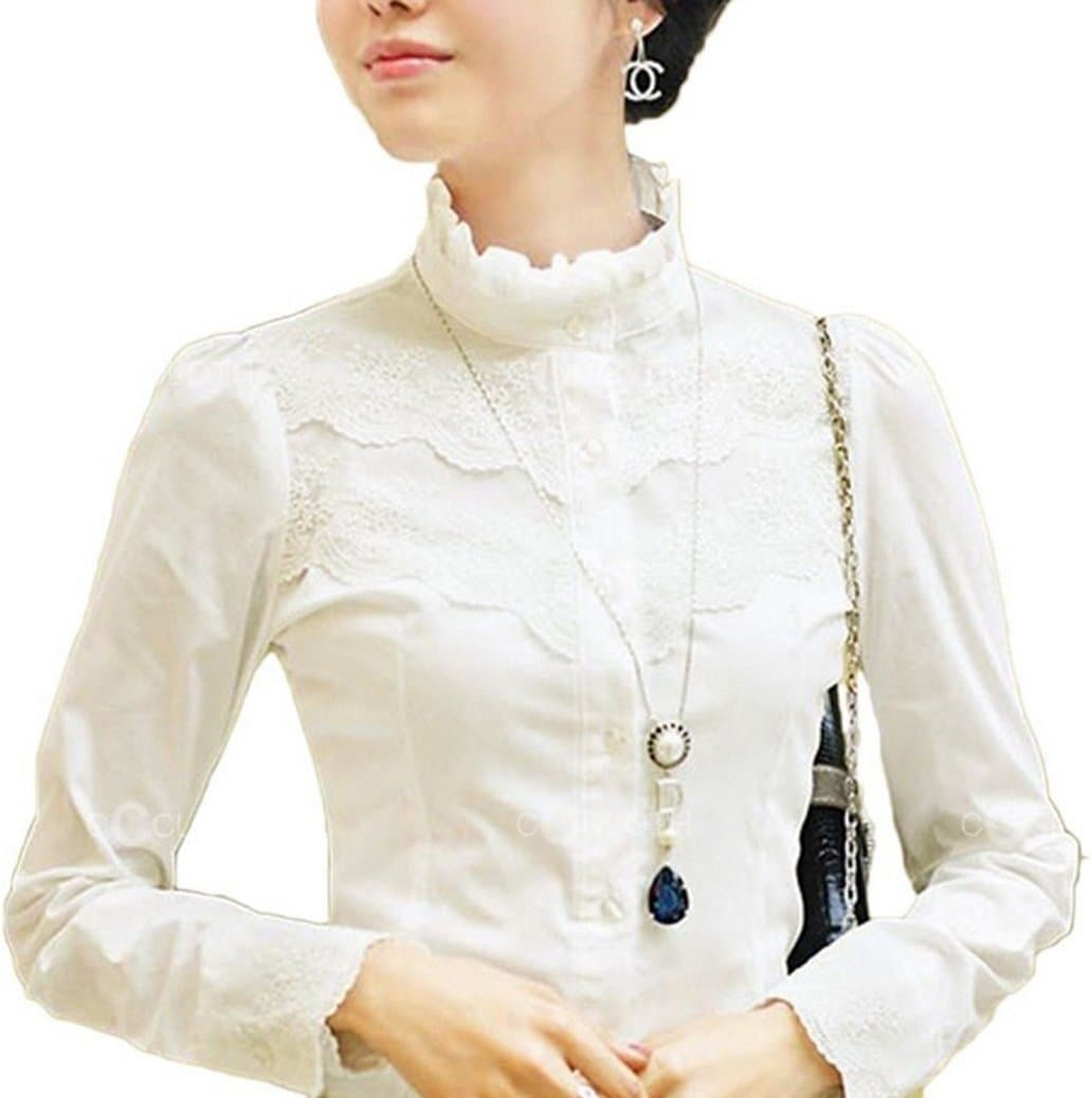 Monthesa White Victorian NEW Fitted Casual Sheer Chiffon Lace Blouse Shirt Top