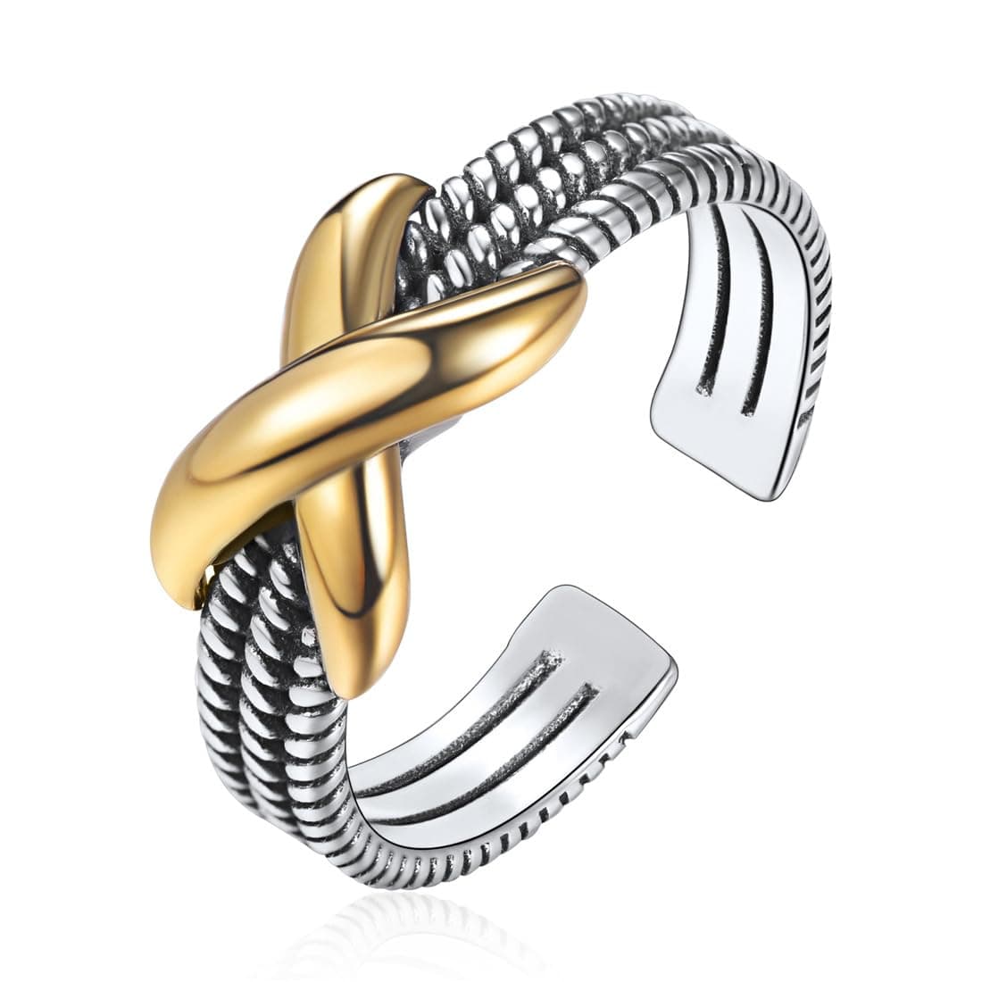 ChicSilver Retro Cuban Link Chain/Criss Cross Rings 925 Sterling Silver and Brass Oxidized Ring Open Adjustable Rings for Women