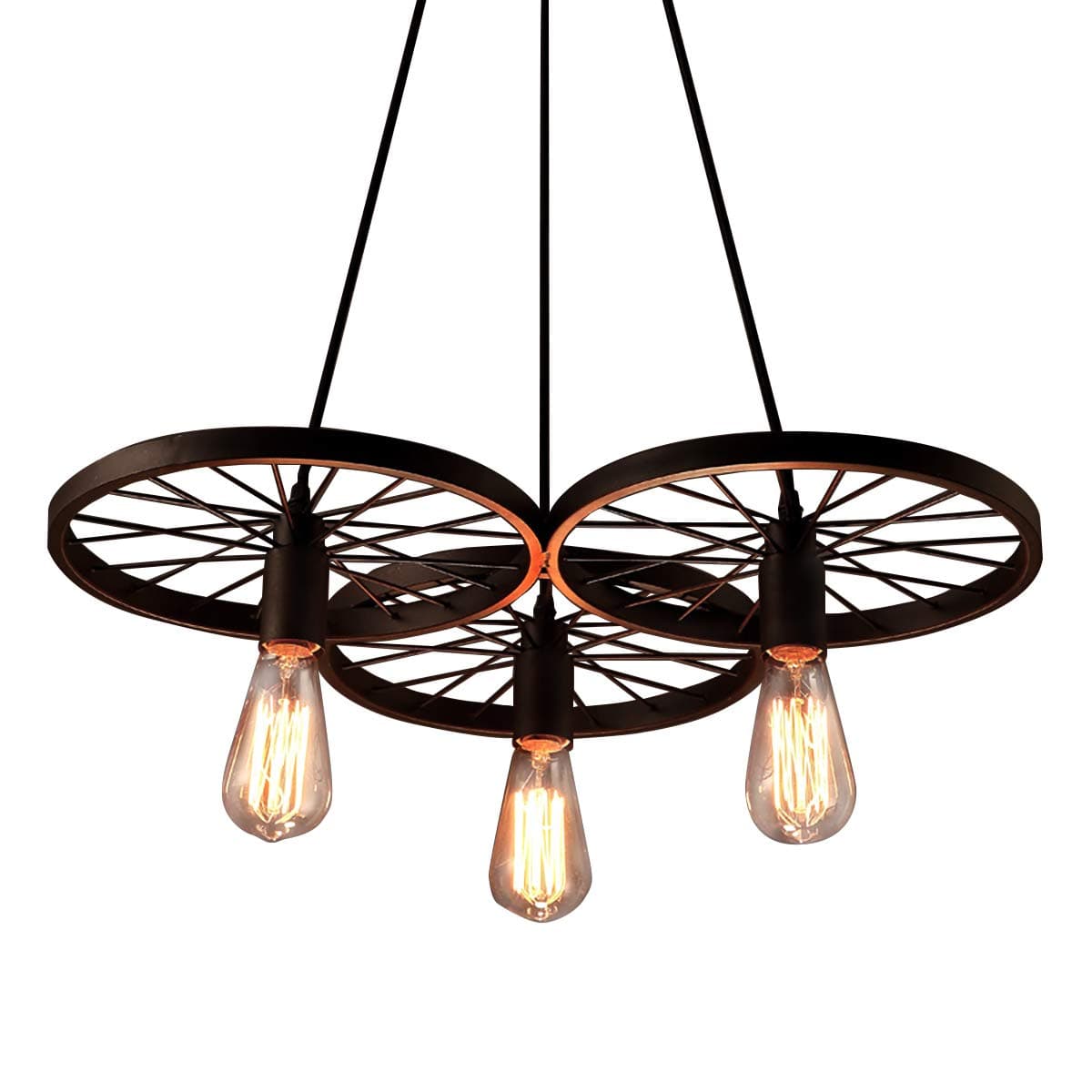 EdiMoM Brand; Vintage Metal Wheels Hanging Pendant, 3 Lights, Max 180W, All Black