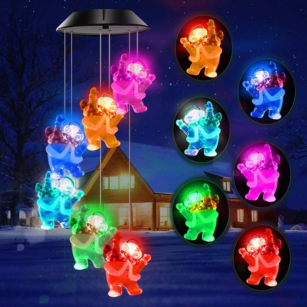 Wanmingtek Colorful Snowman Wind Chimes,Solar Christmas Amazing Windchimes Garden Decoration Xmas Gift Wind Mobile Light for Patio Garden Lighting Home Decoration with Spinning Hook
