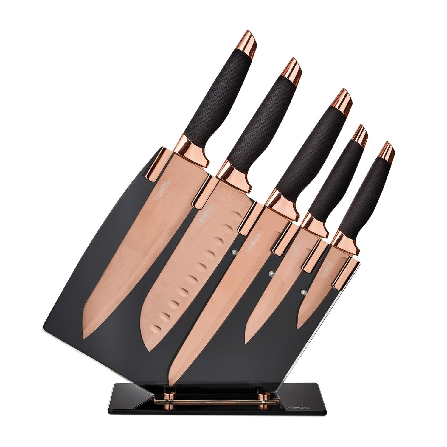 Kitchen Knife Set with Acrylic Knife Block, Damascus Effect, Stainless Steel Blades, Rose Gold and Black, 5 Pieces
