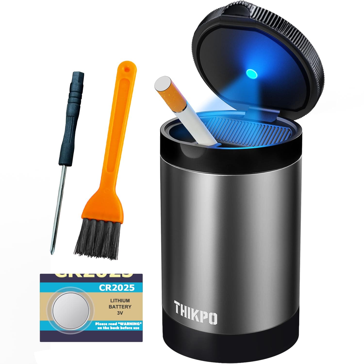 Ashtray with Lid, Smellproof & Smokeproof Cup Holder Ashtray, Portable Mini Car Trash Can, Detachable Aluminum Alloy Smokeless Car Ashtray with Automatic LED Light