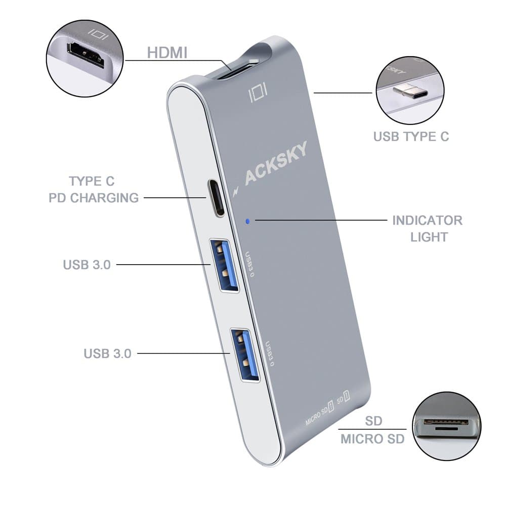USB 3.1 Type C [6-in-1] Hub Multi-Port Adapter with C-Type Charging Port HDMI 4K Output SD/TF (Micro SD) Card Reader 2 USB 3.0 Ports for New MacBook Pro & All Type-C Laptops