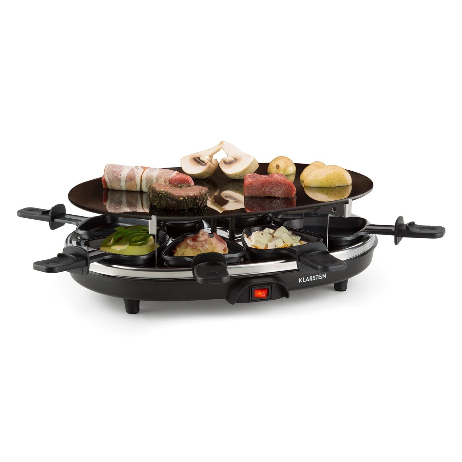 Klarstein Blackjack Raclette Grill 2-in-1 Appliance - For 8 People, 900W, Power Heat, Glass & Ceramic, Non-Stick Coating, Round Design, Low-Fat Grilling, Elegant, Black