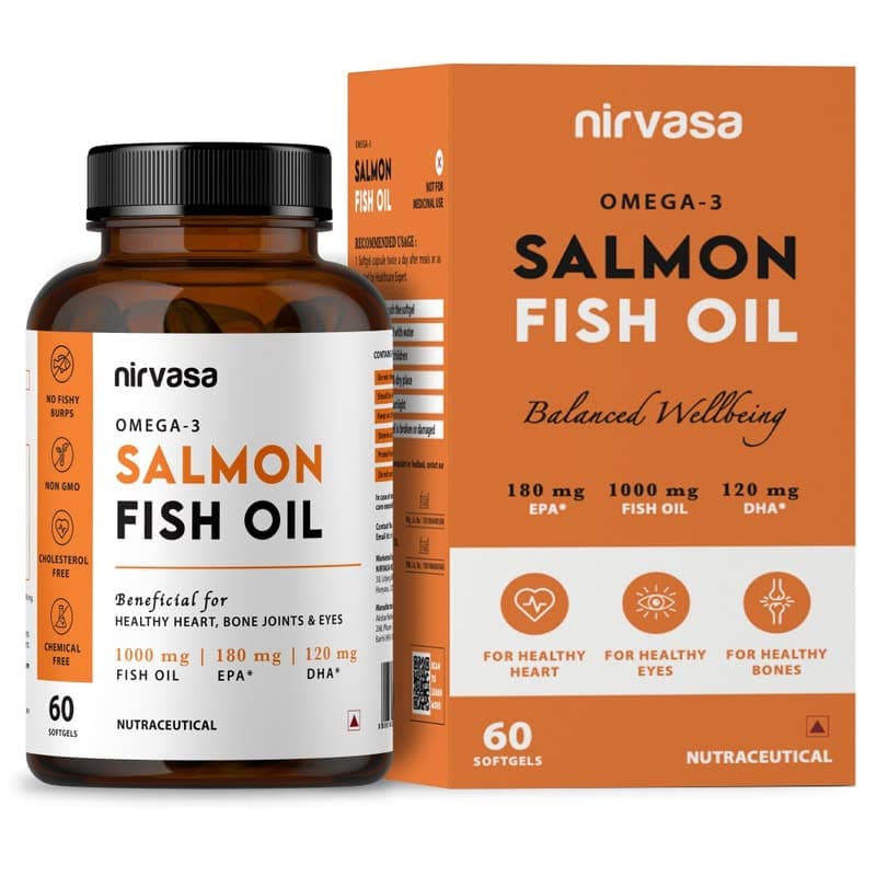 Nirvasa Salmon Fish Oil Capsules for Men & Women with 1000mg Omega 3, 180mg EPA, 120mg DHA – 60 Capsules - softgels, Pack of 1