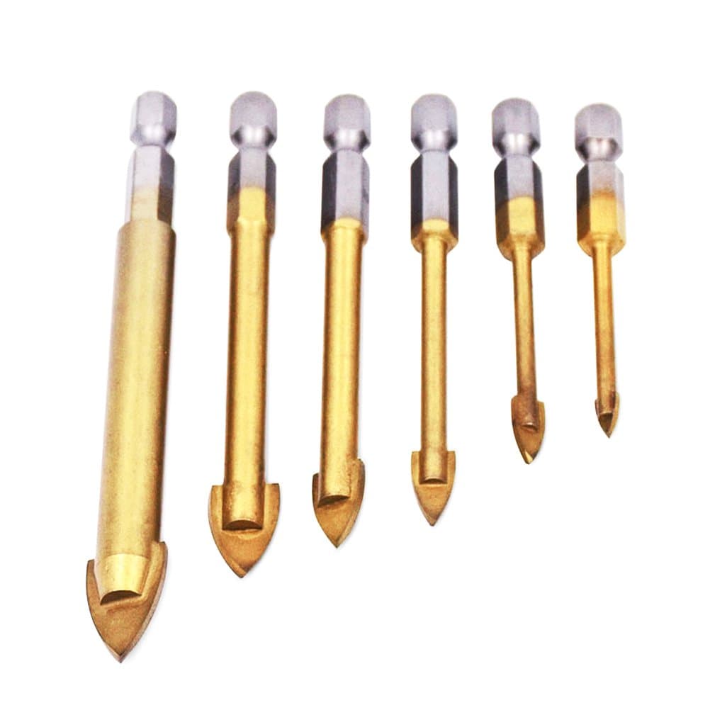 Tian 6pcs High Hardness Titanium-coated Carbide Alloy Glass Drill Bits 4mm/5mm/6mm/8mm/10mm/12mm - Quick Drilling Porcelain Tile Drill Bit Spear with 1/4" Hex Shank for Ceramic Mirror Marble