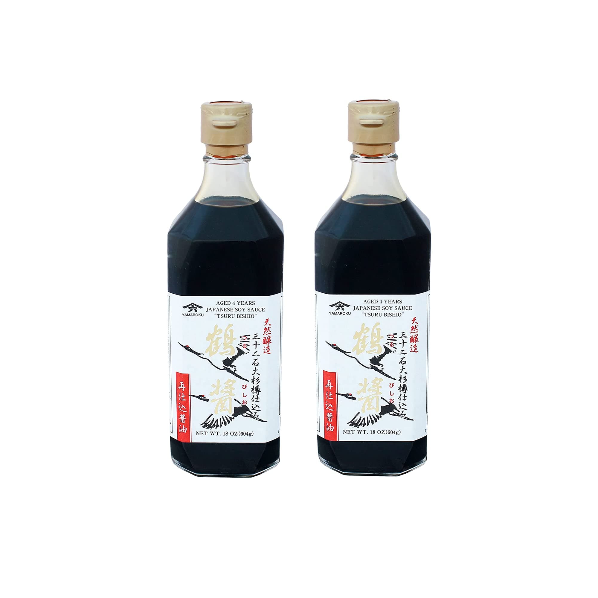 Premium Soy Sauce Japanese Made, Traditional Fermented Soy Sauce, 4 Year Barrel Aged Shoyu, Tsuru Bishio, Glass Bottle, 18 oz, 2 Pack.
