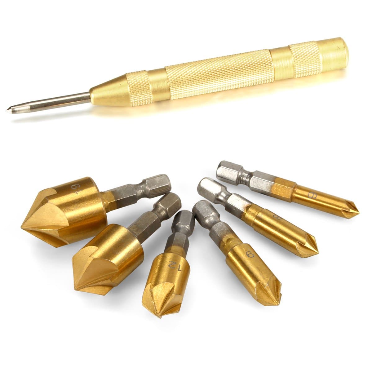 Countersink Drill Bits Center Punch Tool Sets, Sibaok 1 Pcs Brass Automatic Punch, 6 Pcs Hex Shank Five-blade Chamfering Drill Bit High Carbon Steel Titanium Plated for Wood DIY, 6/8/9/12/16/19mm