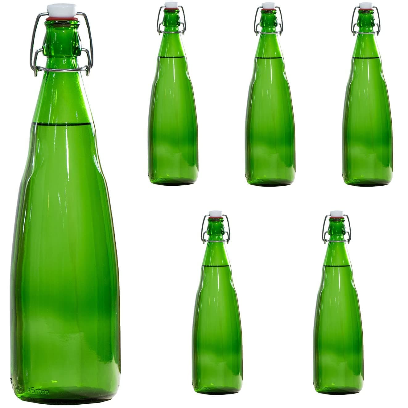 SAND DUNE Set of 6, 1000 ml Each OPT3 Green Glass clip top cap water bottle with flip top cap, Leak-Proof for water, Juices - Reusable Travel Glass Drinking Fridge Bottles