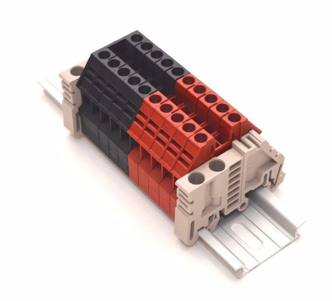 Dinkle Assembly DK4N Red/Black 10 Gang DIN Rail Terminal Blocks, 10-22 AWG, 30 Amp, 600 Volt