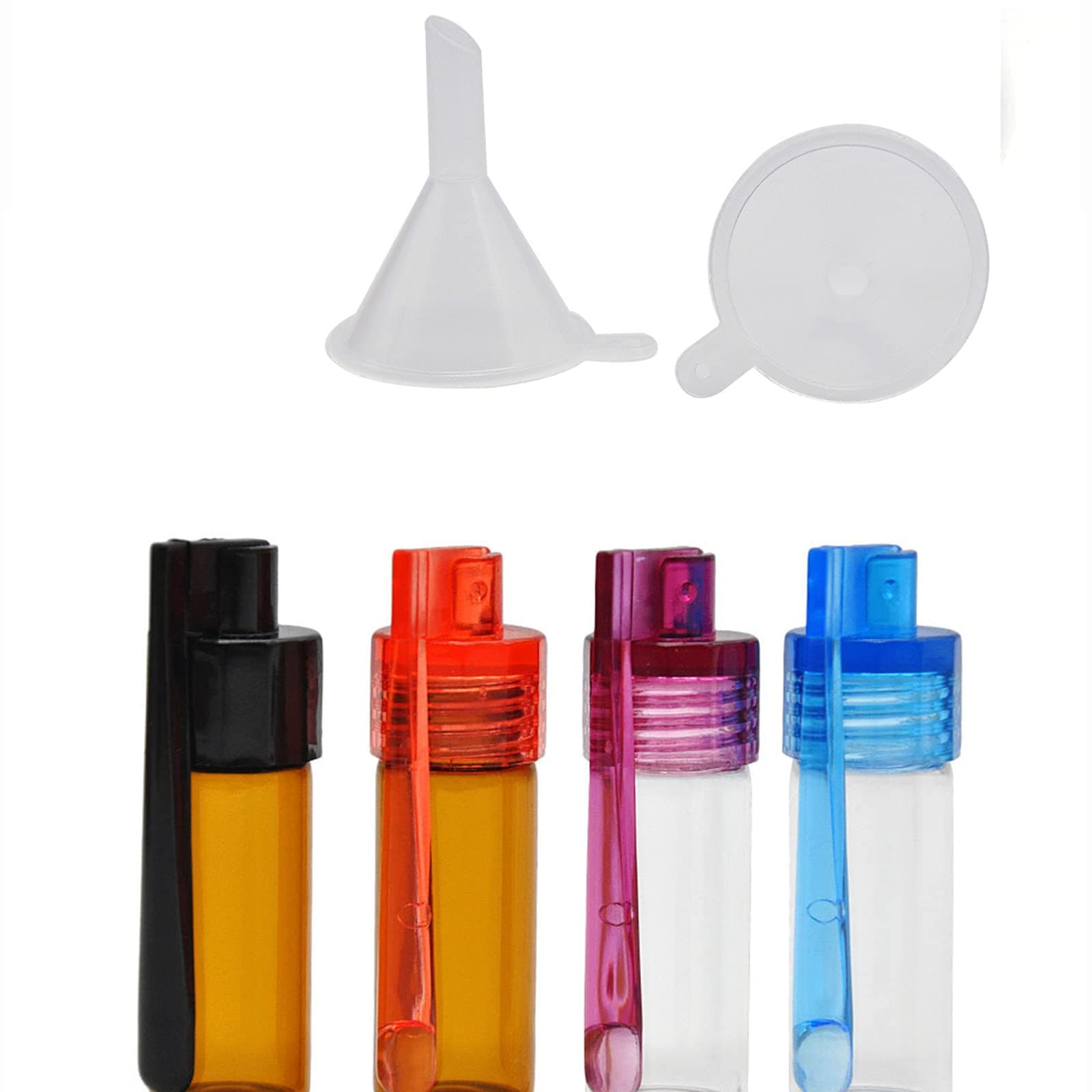 Vokowin 14pcs Portable Glass Spice Powder Bottle and 2pcs Spoon Micro Funnel Fotravel Storage Spice, Waterproof Small Glass Bottle Storage Kitand Powder Oils Reagents(Random Color)(K10-14)