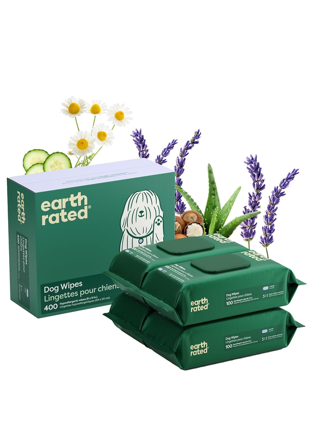 Earth Rated Dog Wipes, Thick Plant Based Grooming Wipes for Easy Use on Paws, Body and Bum, Lavender Scented, 400 Count