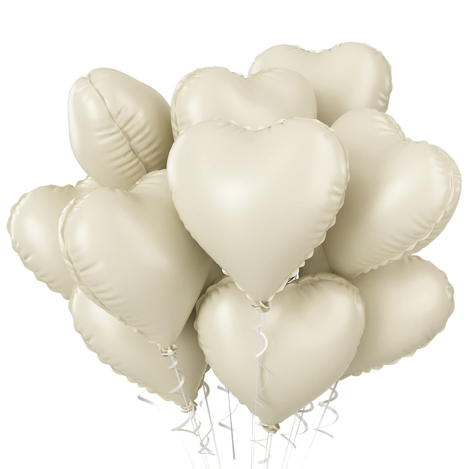 Cream Heart Balloons, 10PCS Cream White Foil Heart Shape Balloons, 18inch Beige Foil Valentine Balloons for Helium Nude Neutral Love Balloon for Valentines Day, White Wedding, Brithday Decorations