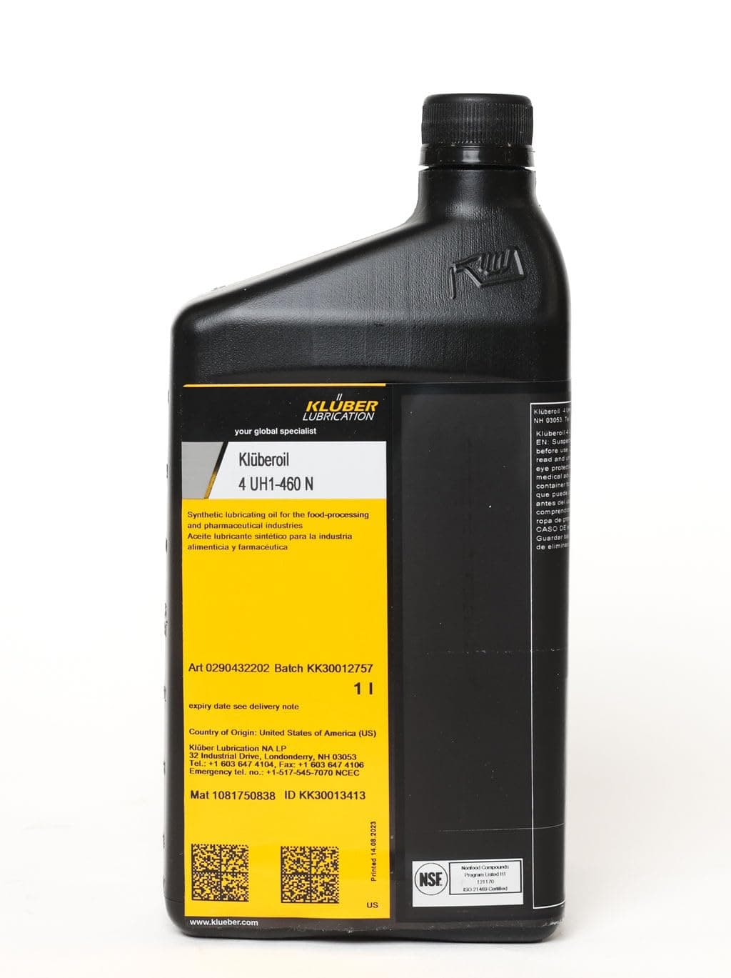 Kluberoil 4 UH1-460 N Food Grade Gear Oil for Spur-Bevel-Worm Gears-Bearings-Spindles-Joints-Lifting-Drive-Transport Chains 1 Liter Bottle