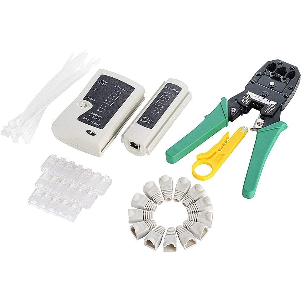 Network Tool Kit 6 in 1 - CAT5 CAT6 Tool Kit, Ethernet Crimper +Cable Tester +50 RJ45 CAT5 CAT6 Connector +Wire Stripper +20 RJ45 Connector Boots Cover +20 Nylon Cable Ties