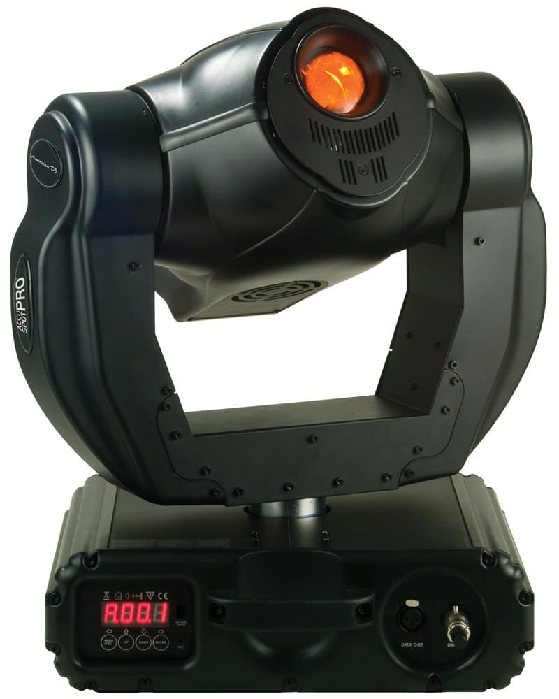 American DJ 250W Discharge moving head with 2 gobo wheels with 1 wheel having rotating gobos, color wheel and remote DMX addressing