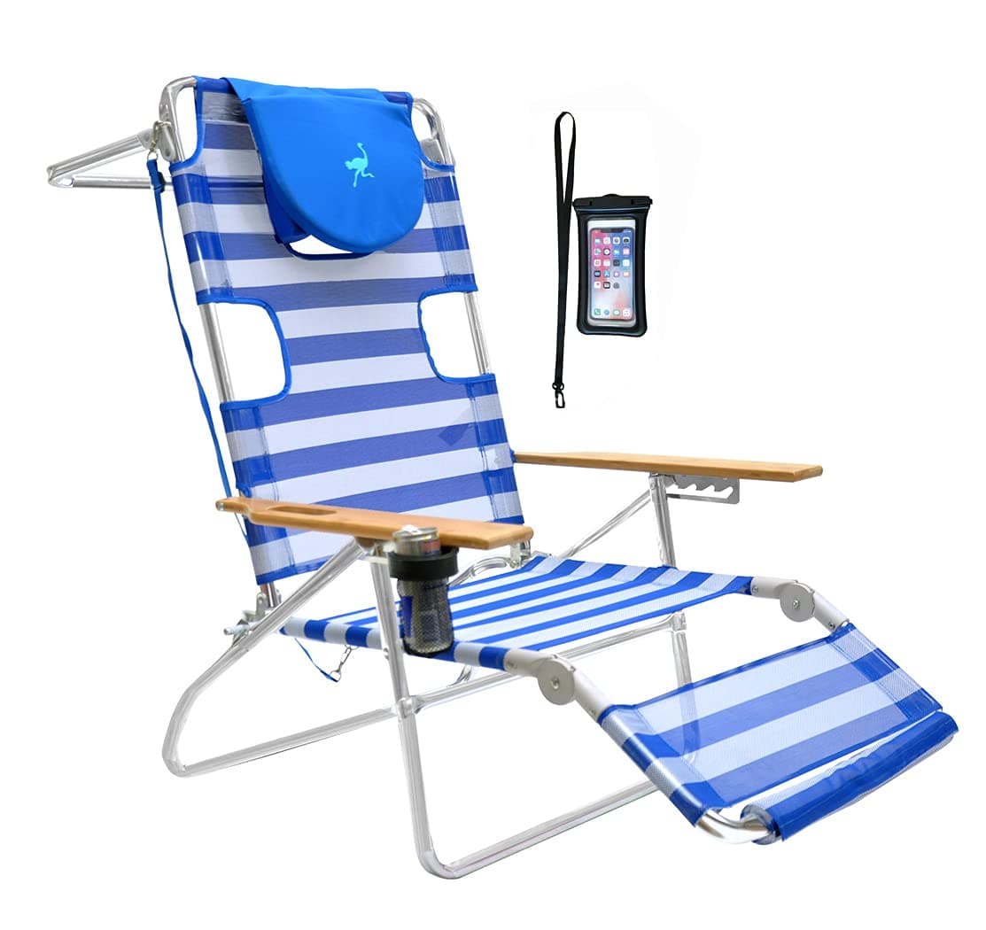 Ostrich 5 Position 3N1 LayFlat Aluminum Beach Chair Lounger Chaise with Cell Pouch, Face Hole
