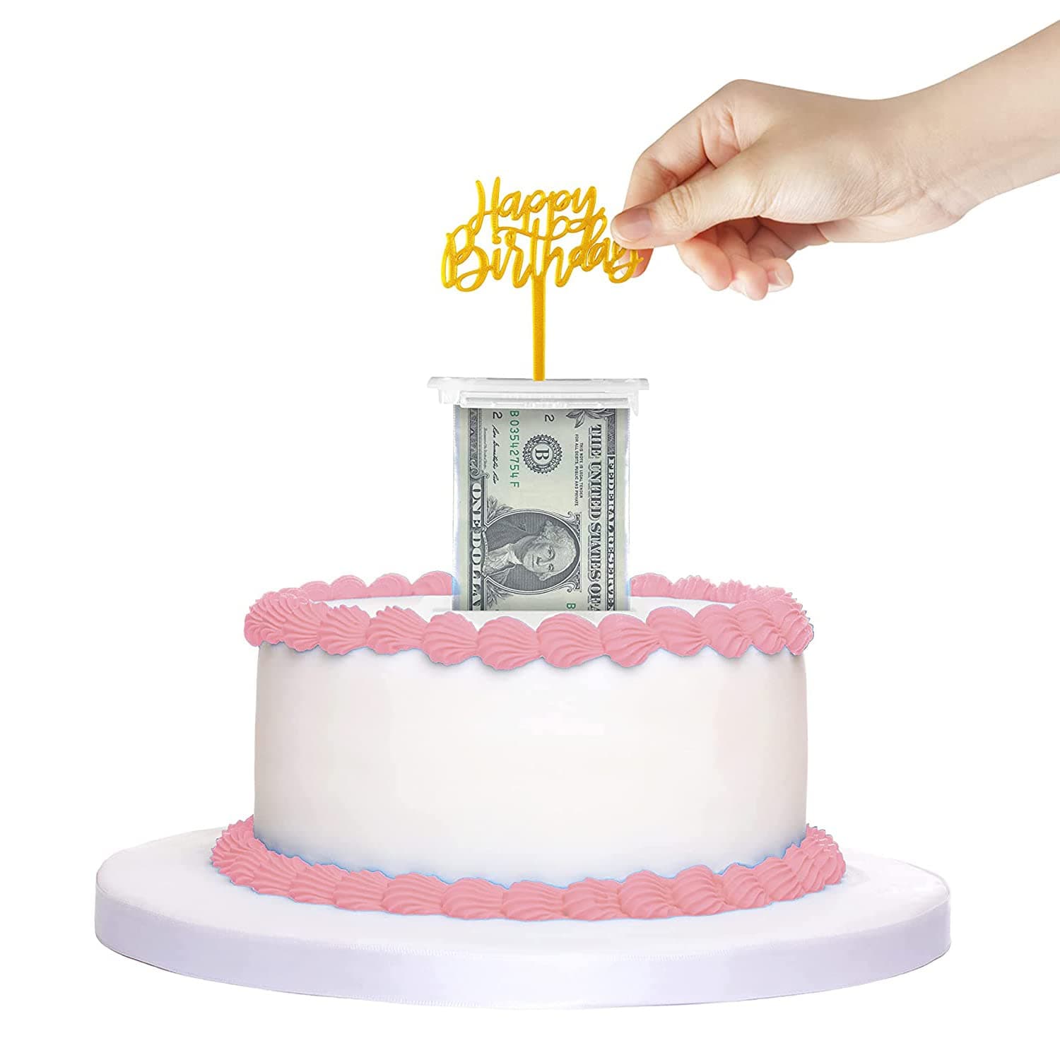 MONEY CAKE - Money cake drawer kit includes 1 piggy bank, 1 plastic roll, 50 transparent bag connecting pockets, happy birthday cake topper for birthday party