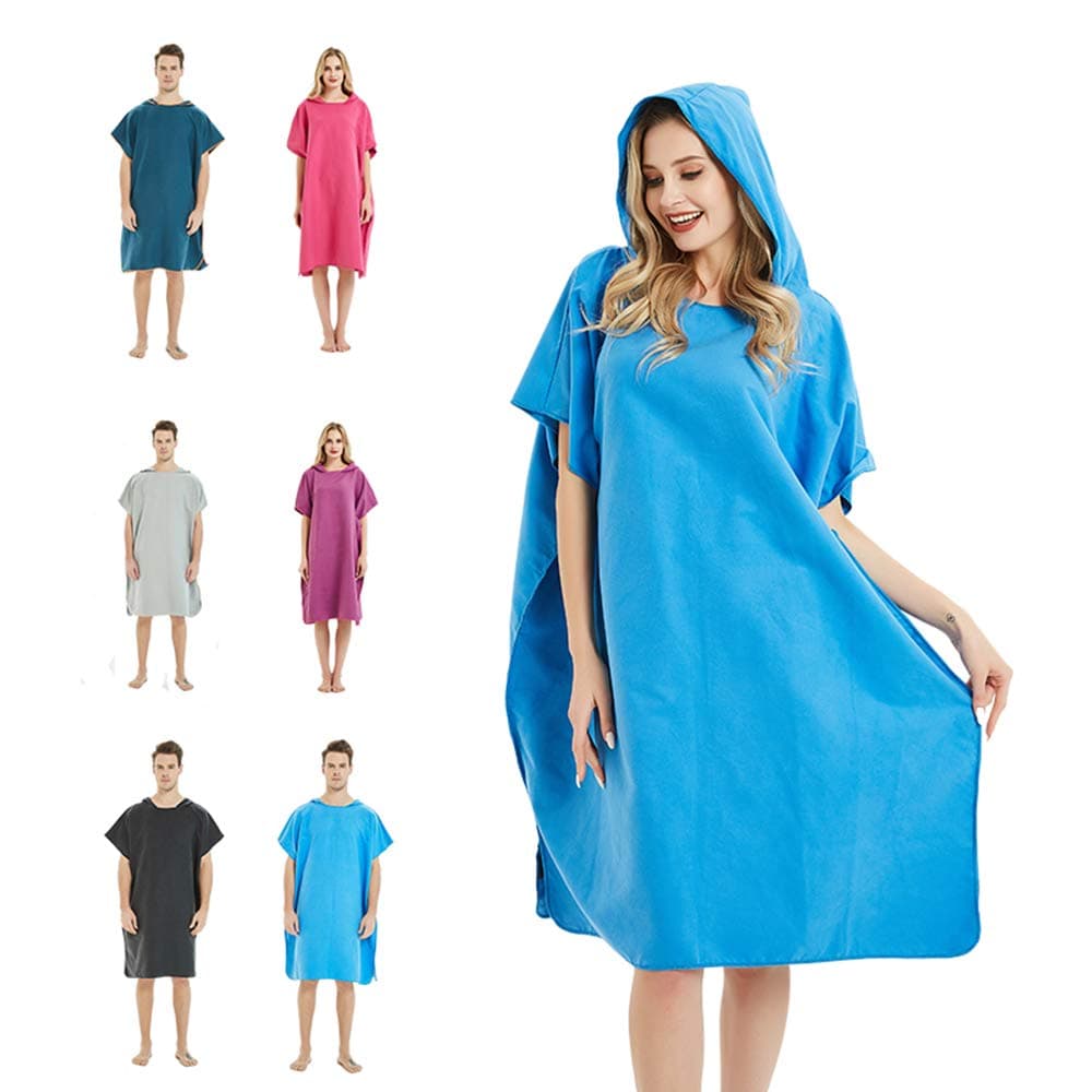 Surf Beach Poncho Wetsuit Changing Towel Bath Robe with Hood for Surfing Swimming Bathing Adults Men Women -One Size Fit All(Blue)