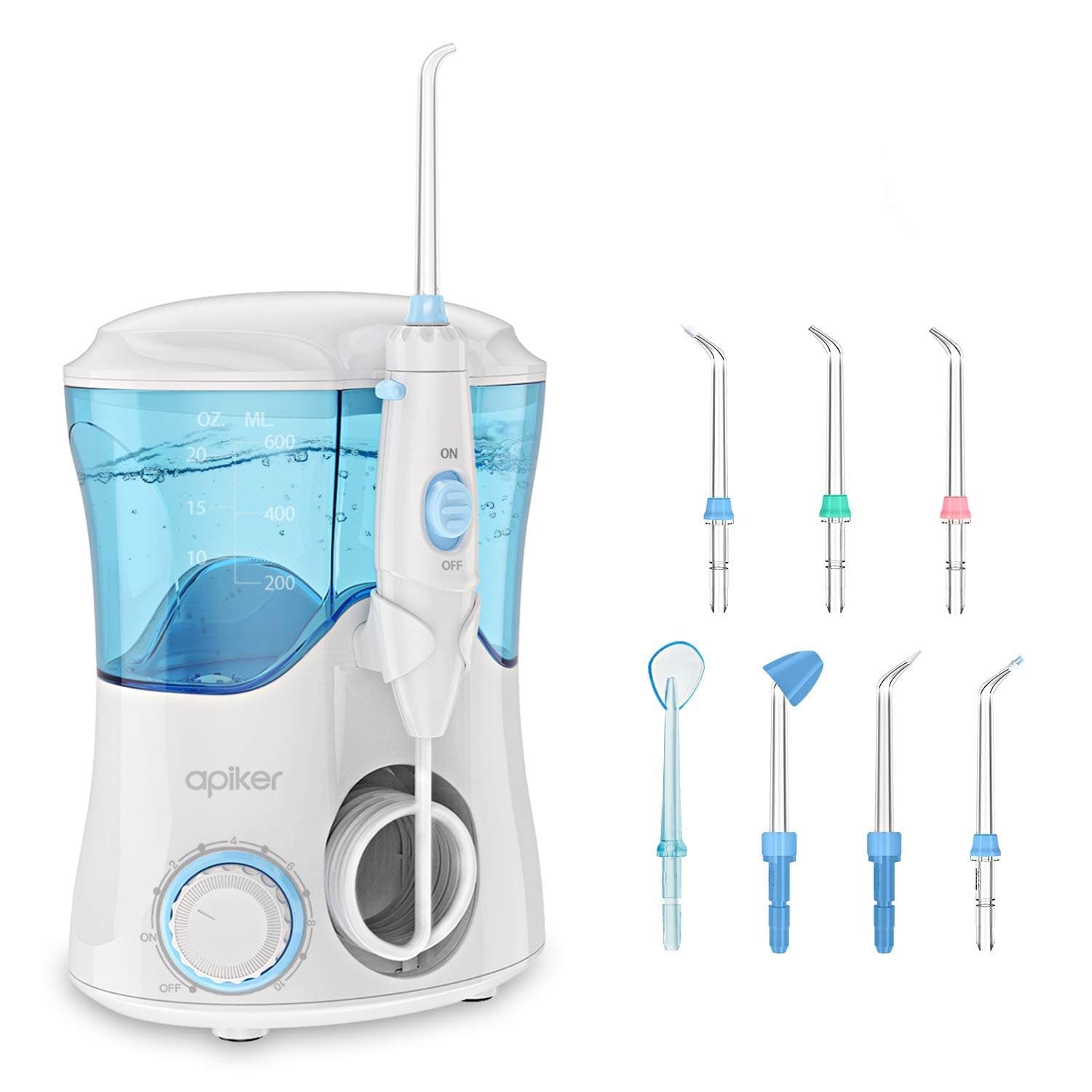 Water Flosser with 8 Multifunctional Tips, Apiker Oral Irrigator Family Dental Water Jet Flosser for Teeth Braces, 10 Pressure Setting and 600ml Water Tank (White) (650ml)