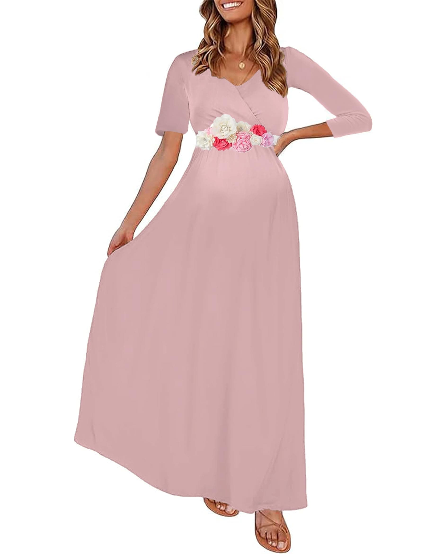 Maternity Maxi Dress with Flower Sash(S-3XL)/Wrapped Ruched V Neck Photoshoot Baby Shower Dresses