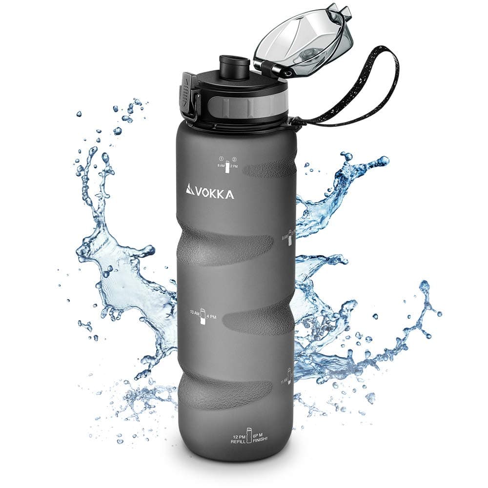 Sports Water Bottle, with Time Markers, 32 oz, BPA-Free & Eco-Friendly Tritan Plastic, Gym Water Bottle with Carrying Strap for Sports, Fast-Flowing, Leakproof, One-Button Flip-Top Lid