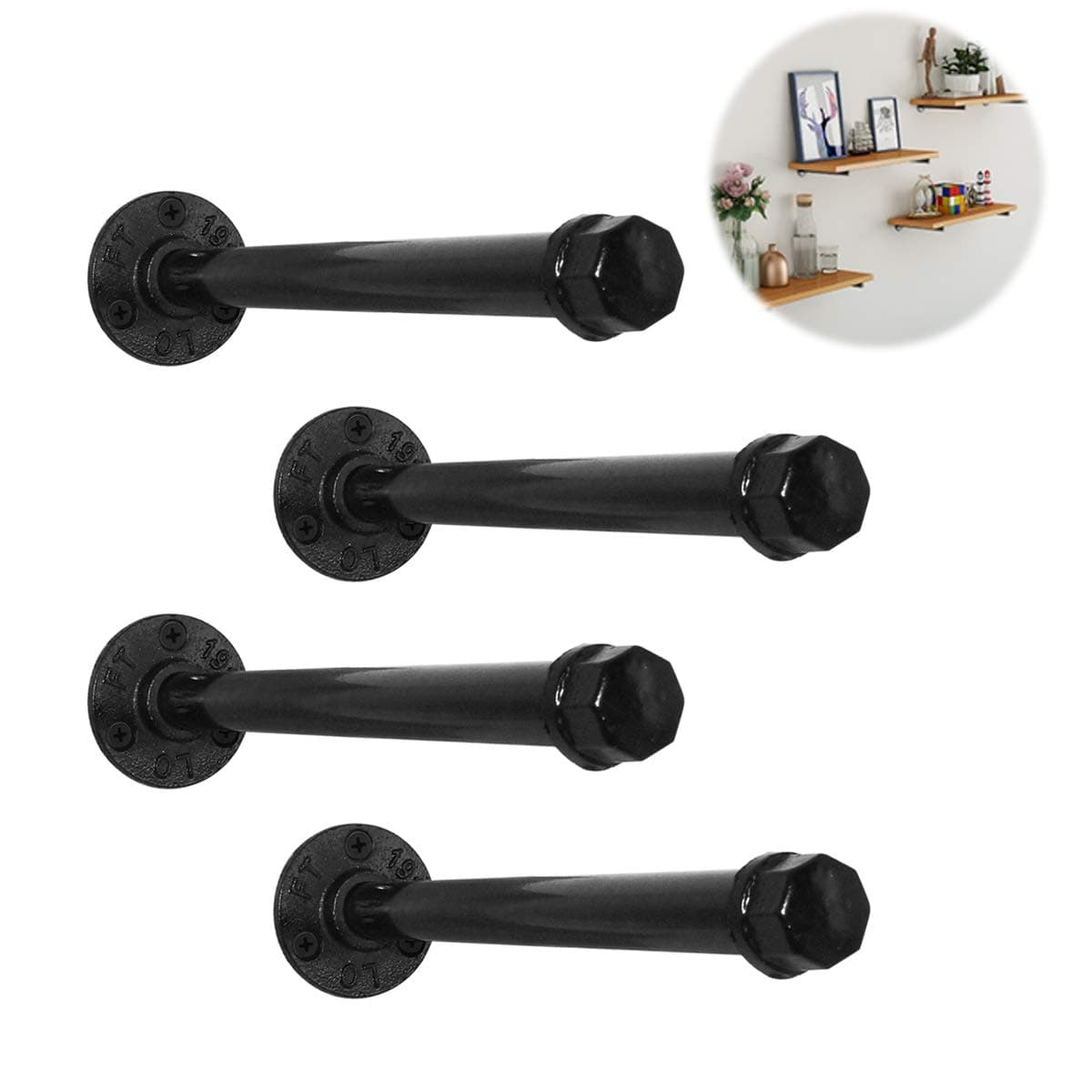 Rustic Industrial Decor Black Iron Pipe Shelf Brackets 4Pcs 10”, Wall Mounted Custom Floating Shelves, Vintage Furniture Decorations, Heavy Duty Decorative DIY Shelving Bracket, with Screw Accessories