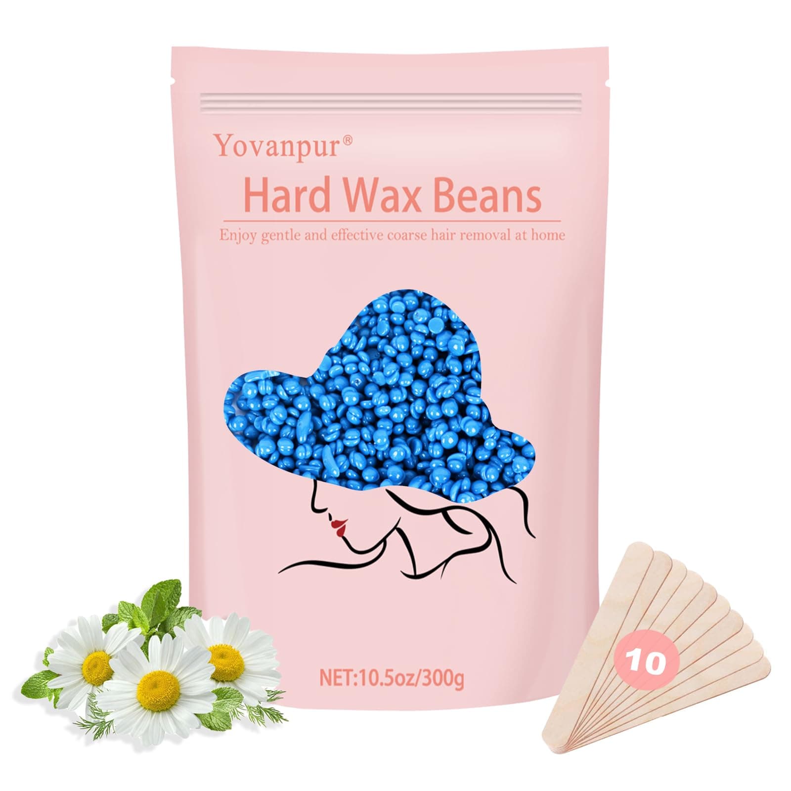 Hard Wax Beans for Painless Hair Removal, Brazilian Waxing for Face, Eyebrow, Back, Chest, Bikini Areas, Legs At Home 300g (10 Ounce (Pack of 1))/bag with 20pcs Wax Spatulas（Chamomile)