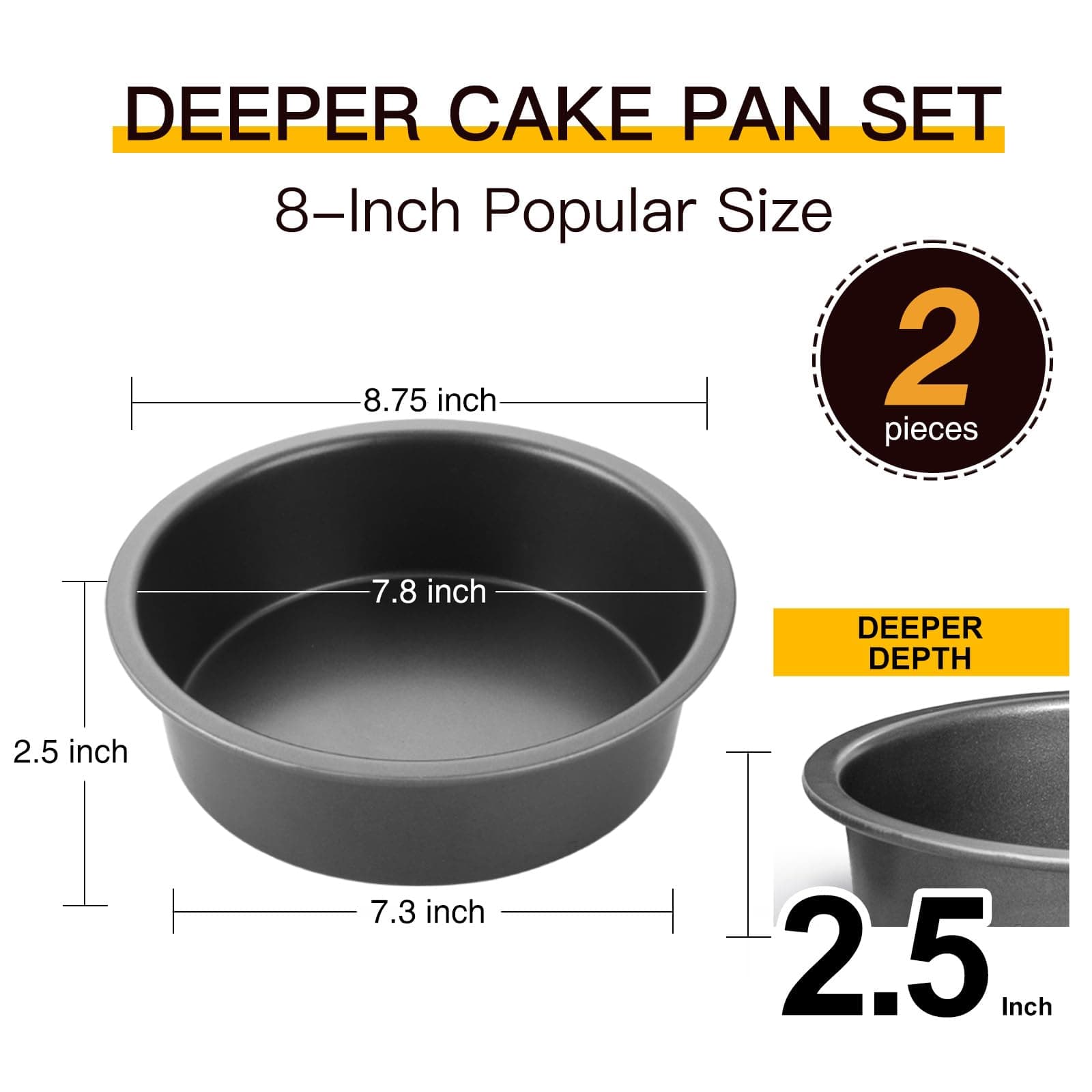 HONGBAKE Round Cake Pan Set for Baking, 8 Inch, Nonstick Circle Cake Pans with Wider Grips, 2 Pieces Layer Cake Tin, Cheesecake Mold, Huty Duty, Dishwasher Safe - Grey