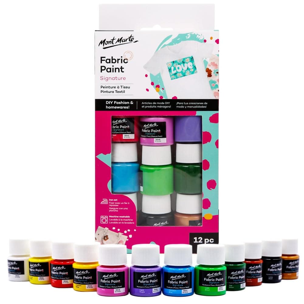 Mont Marte Signature Fabric Paint, 12pc x 0.7oz (20ml), Suitable for DIY Fashion and Homewares