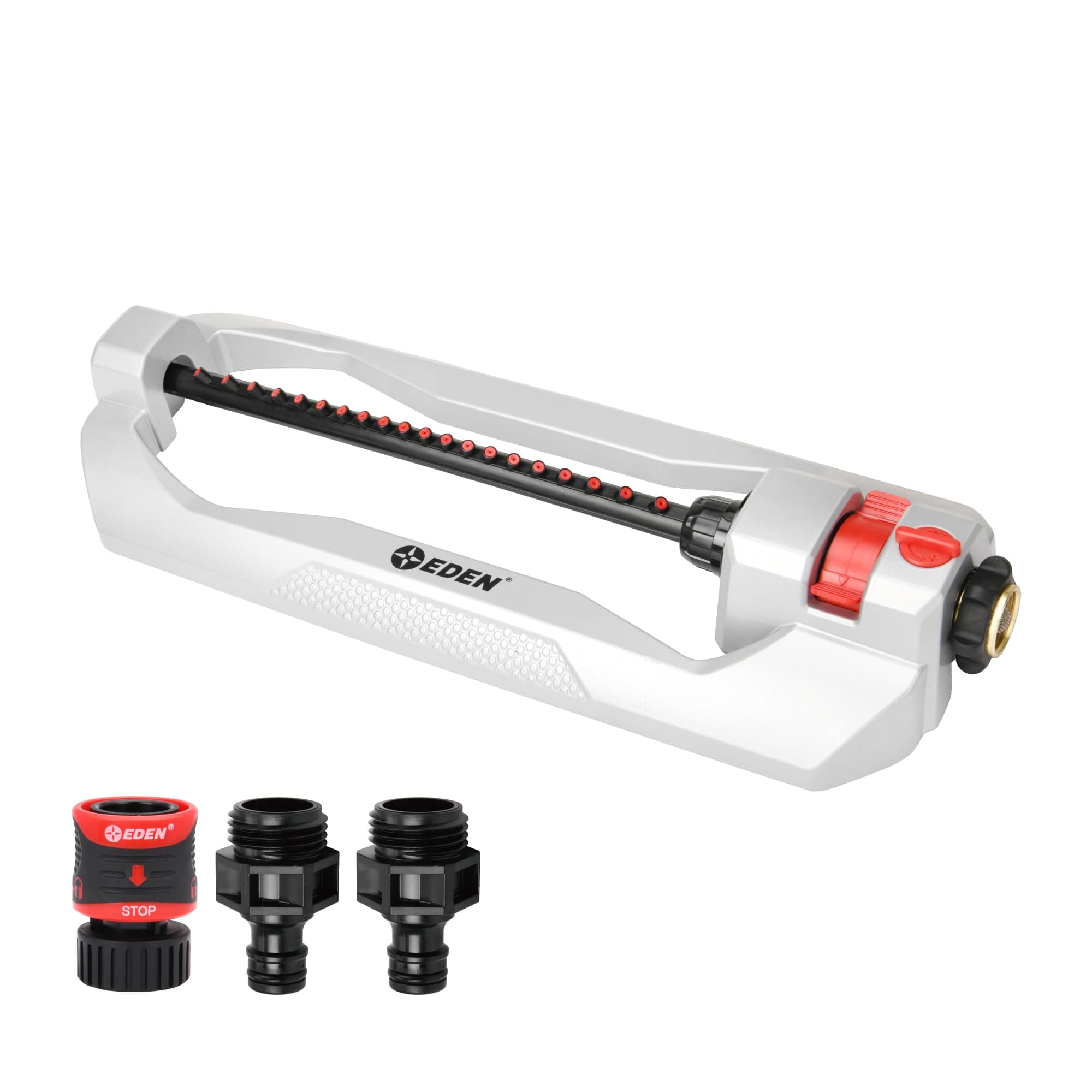 94111 Heavy Duty Metal Oscillating Sprinkler, Covers Up to 3,328 sq. ft., 20 Precision Nozzles, Flow Control, Adjustable Range, Quick Connect Bundle, Silver, Red, Black