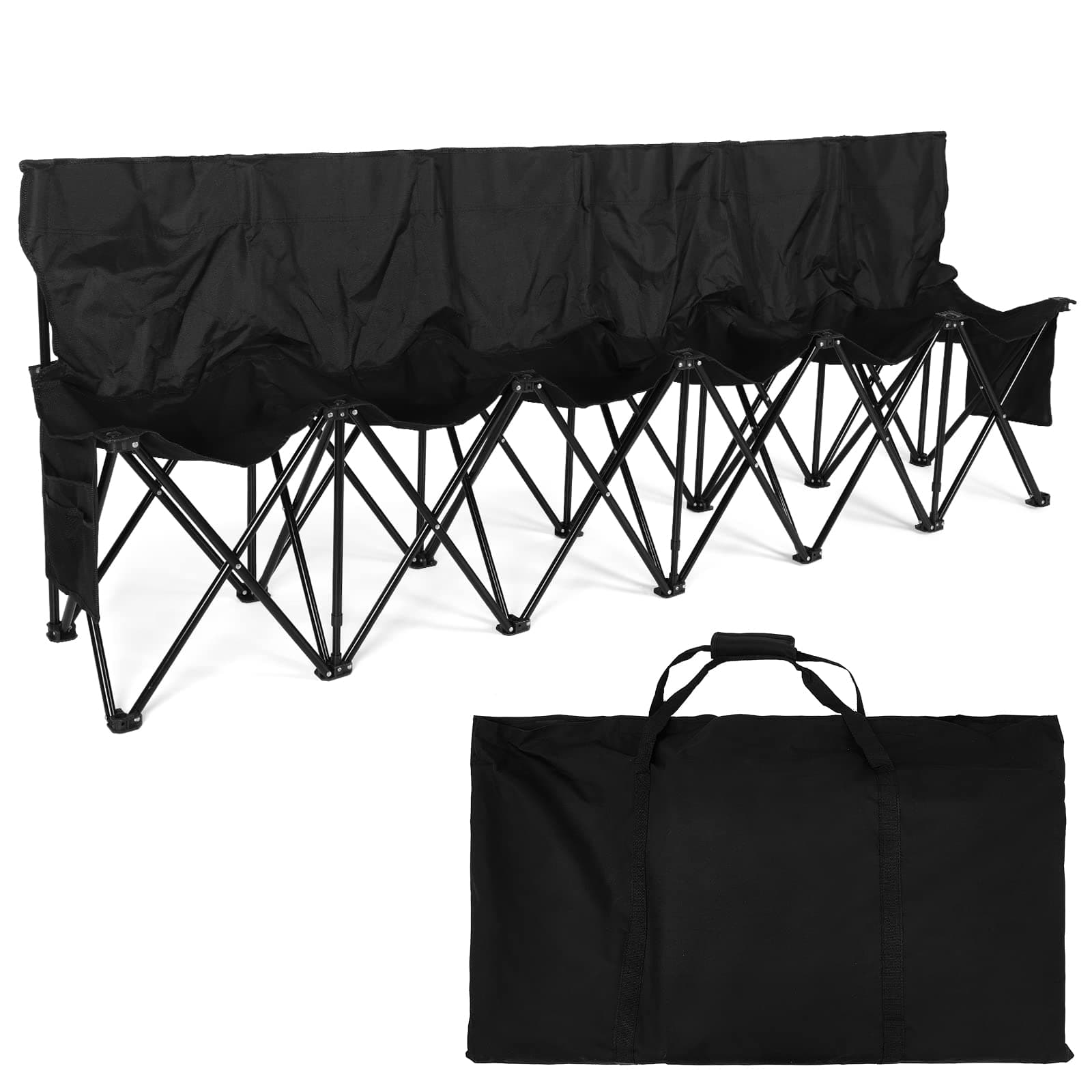 6 Seats Folding Soccer Bench Chair Portable Team Sports Sideline Bench for Football Camp Travel Events Outdoor Seating with Storage Bag(Black)