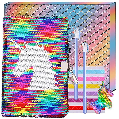 Unicorn Sequin Notebook Secret Lockable Diary Journal A5 Reversible Notepad and Pens Writing Stationery Set with Flip Sequin Keychain for Girls Kids