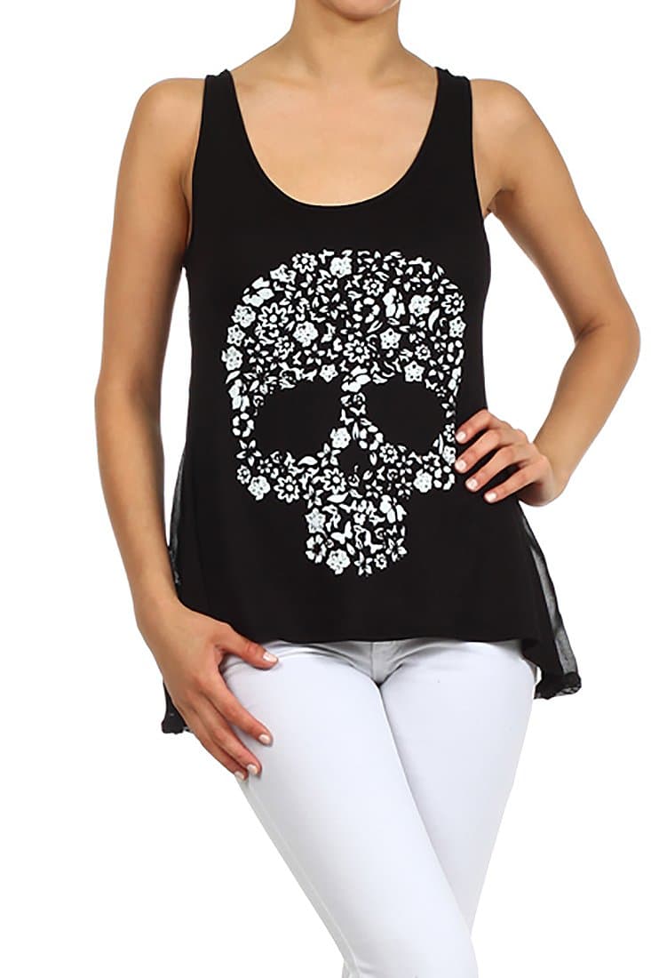 Cute Floral Skull Print Burnout Back Sleeveless Tank Top T Shirt - TIJU (Small, Black)