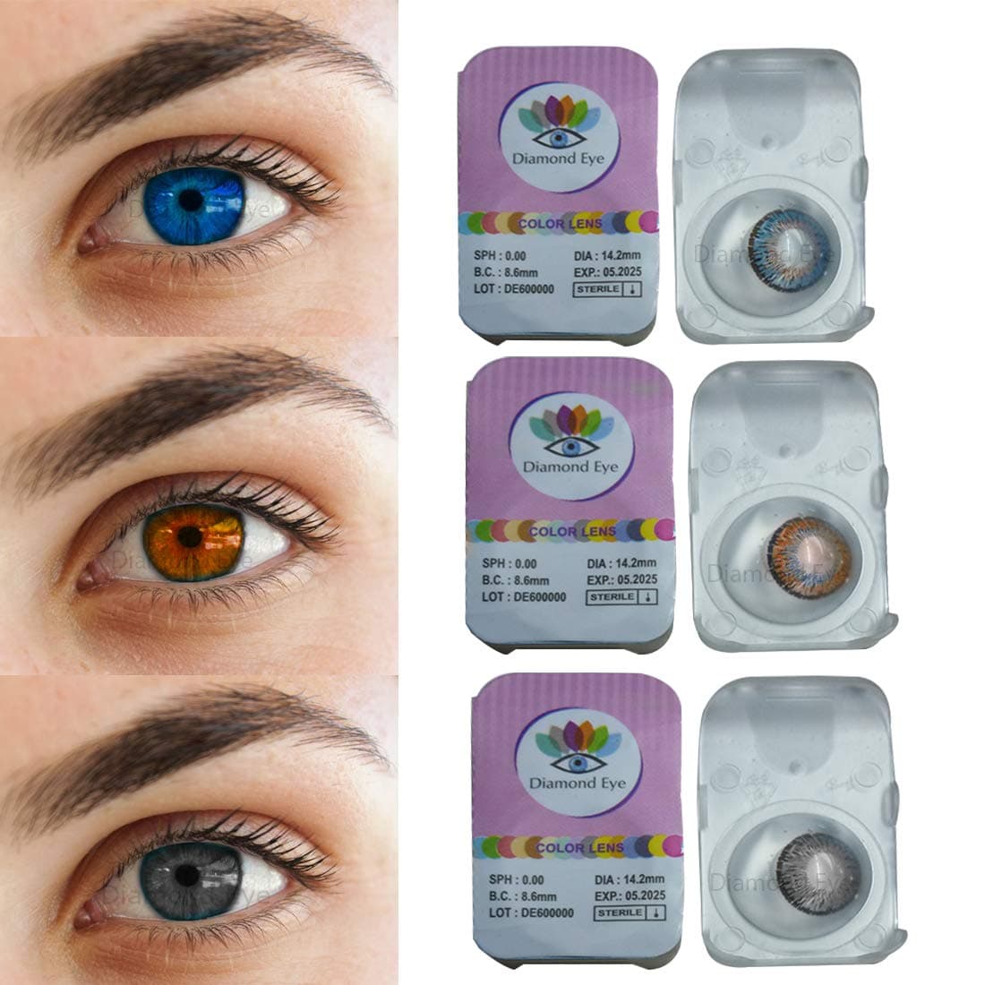 Color style 3 Pair Monthly Grey Brown Sky Blue Colored 0 Power Contact Lenses for Eyes Men and Women with Lens Case(Grey Brown Sky Blue)