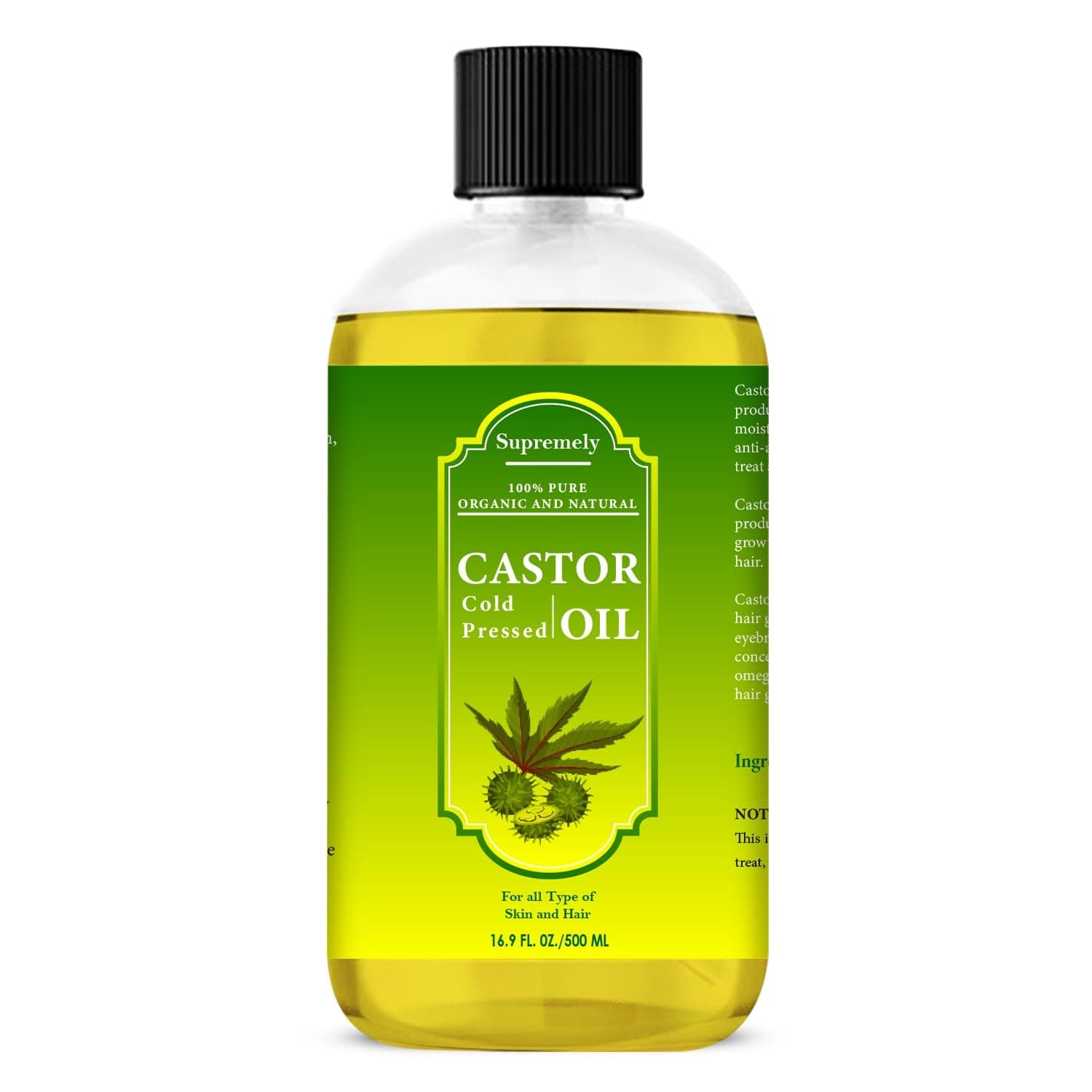 Cold Pressed Pure Castor Oil 500ml 100% Natural Vegan Hexane-Free for Hair Growth and Eyelashes Eyebrows, Softer Skin and Face Nails Beard Body