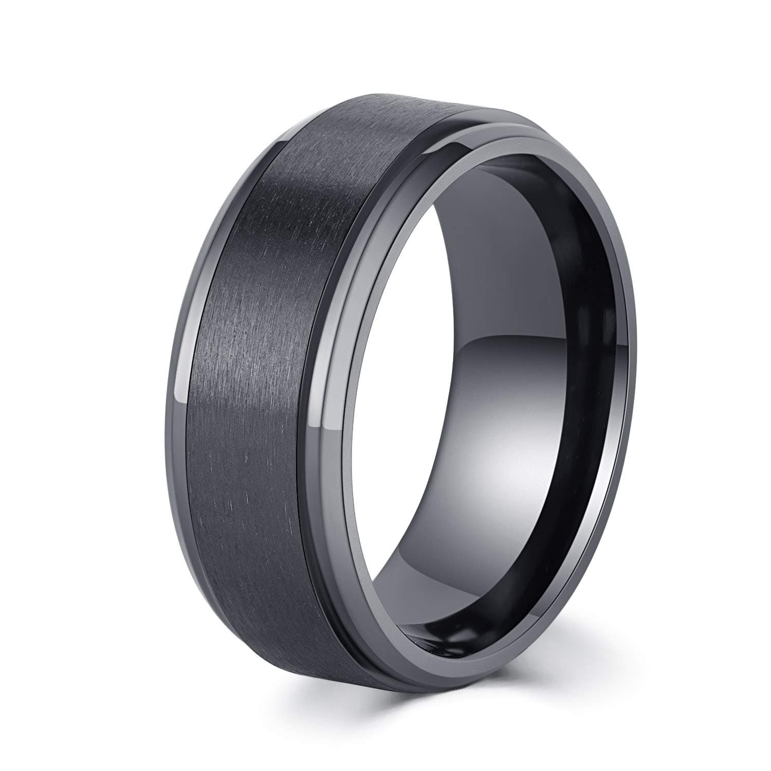 Mens 8mm Black Zirconium Ring Wire Drawing and Polished Process Stepped Edge Comfort Fit