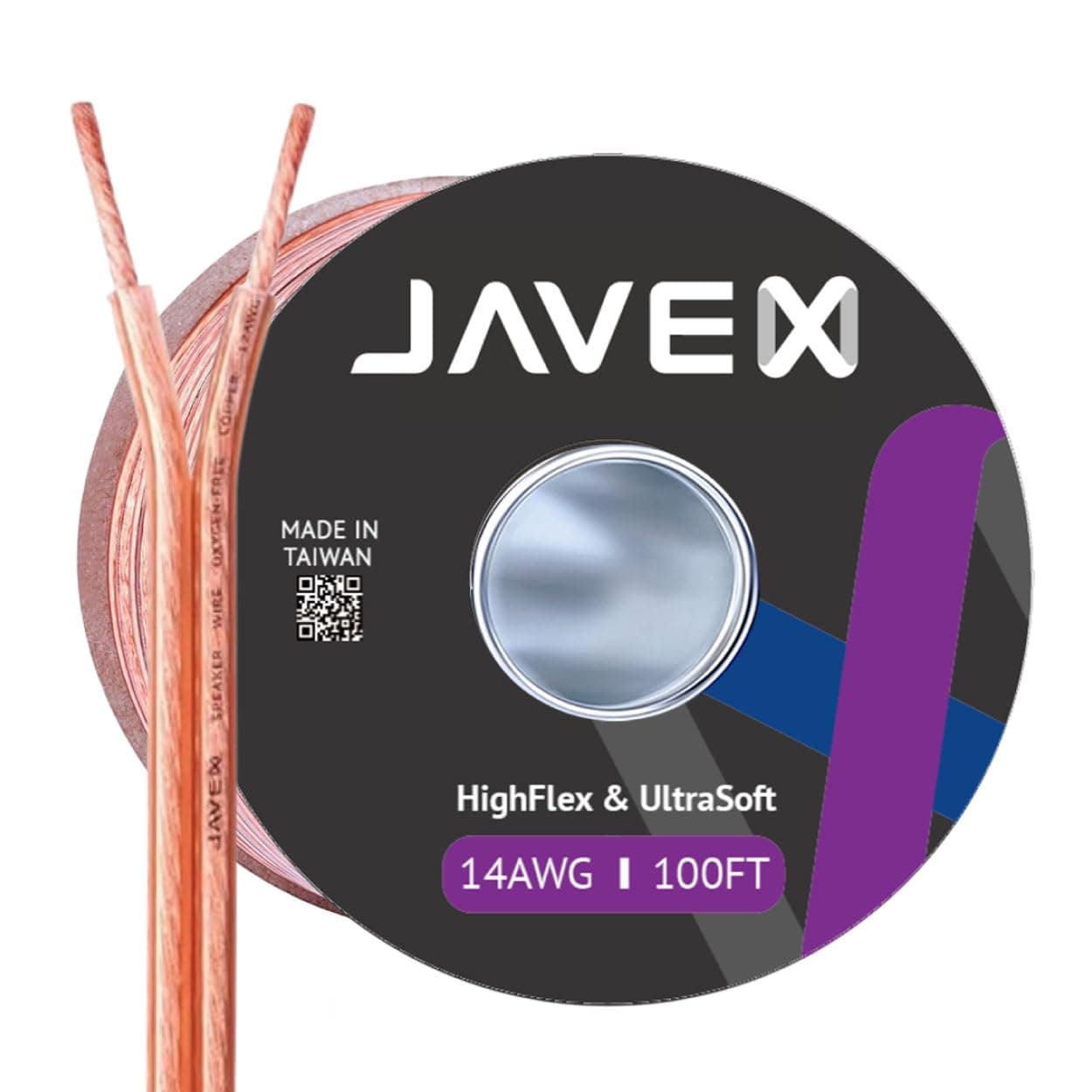 JAVEX Speaker Wire 14-Gauge AWG [Oxygen-Free Copper 99.9%] Cable for Hi-Fi Systems Amplifiers AV receivers and Car Audio Systems 100FT