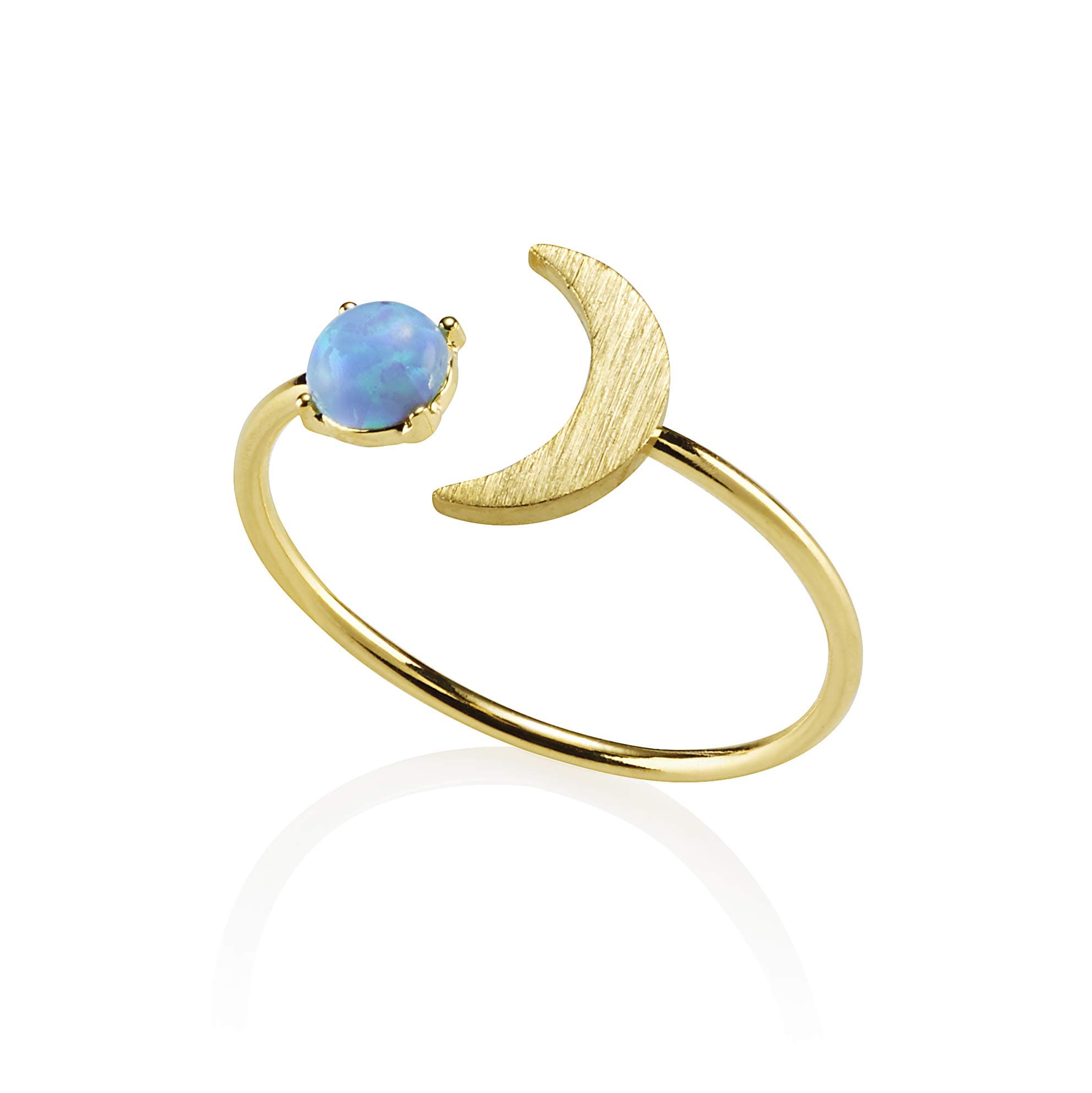 – Adjustable Dainty Opal Ring for Women and Teen Girls, Brushed Finish Open Gold Rings for Women with a Moon Crescent Motif with a Created Opal