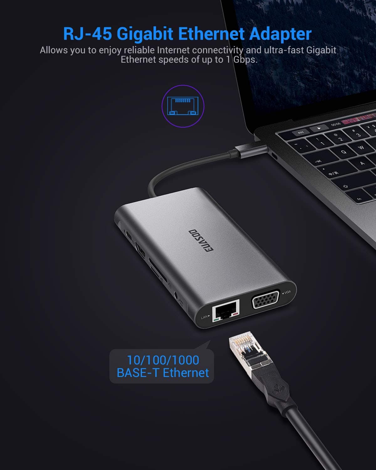 EUASOO USB C Hub 10 in 1 Aluminum Type C Hub with HDMI 4K, Gigablit Ethernet, VGA, USBC Female Power Delivery, Audio Output, 3 USB 3.0, SD/TF Card Reader Compatible for USB C Devices (Space Gray)